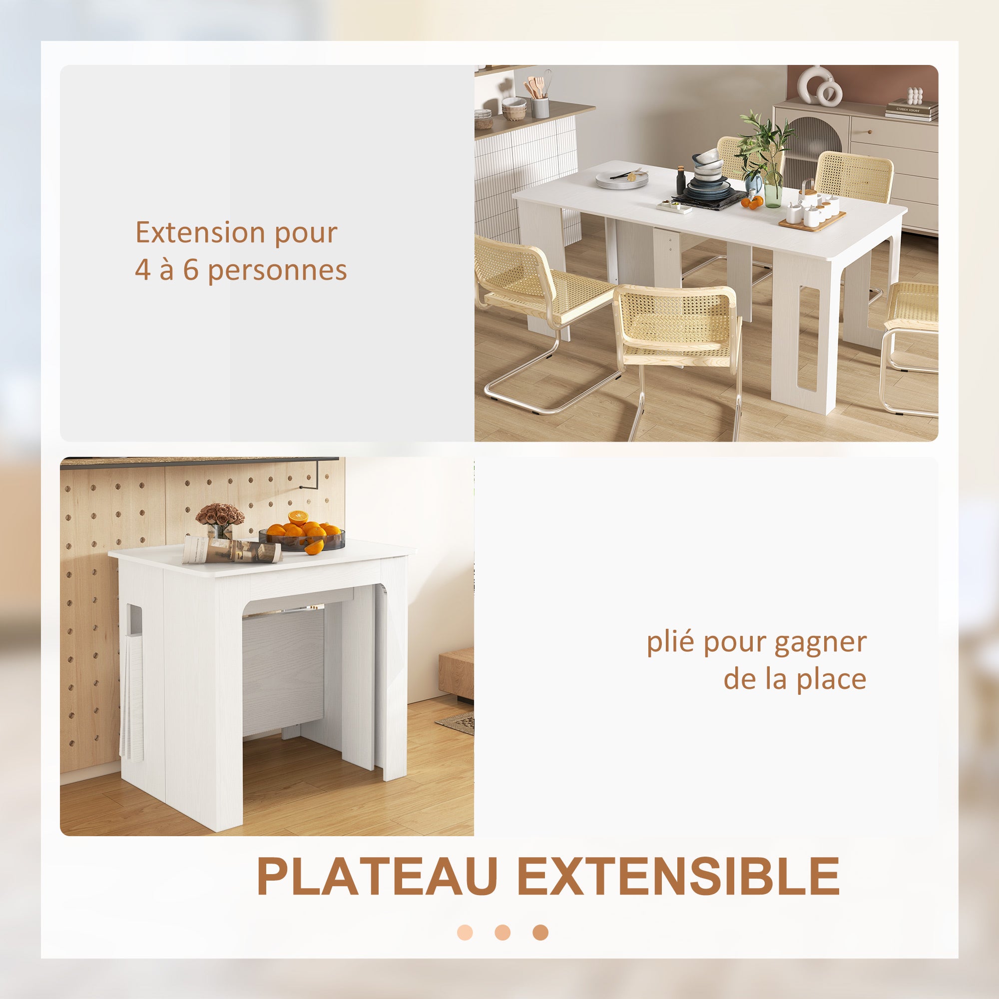 Table à manger pliante, table pliante cuisine rectangulaire extensible jusqu'à 6 personnes, pour petits espaces, salle à manger, blanc