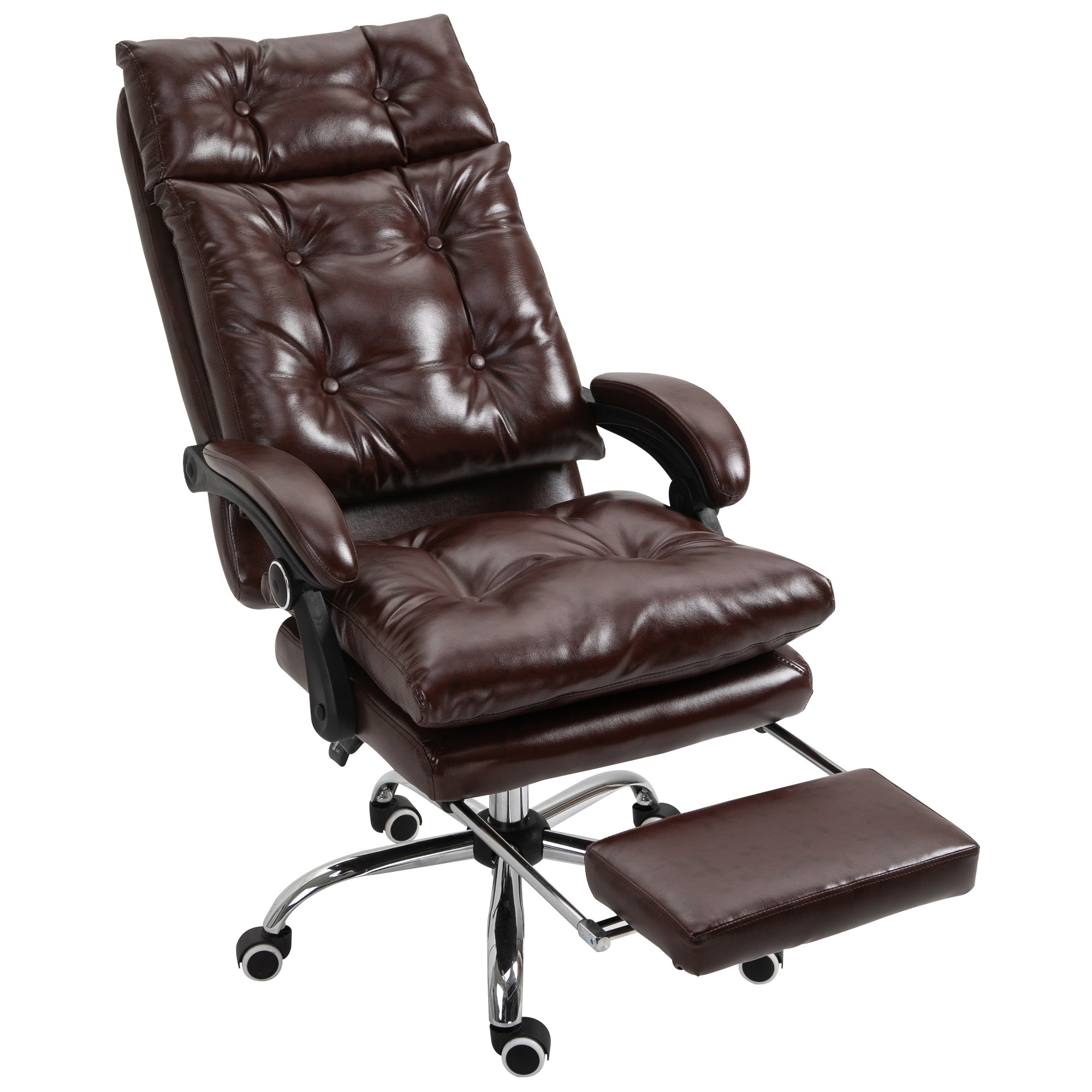 Fauteuil de bureau, chaise de bureau ergonomique avec hauteur réglable, dossier inclinable et repose-pied rétractable et pivotant à 360°, cuir synthétique, pour chambre, télétravail, marron
