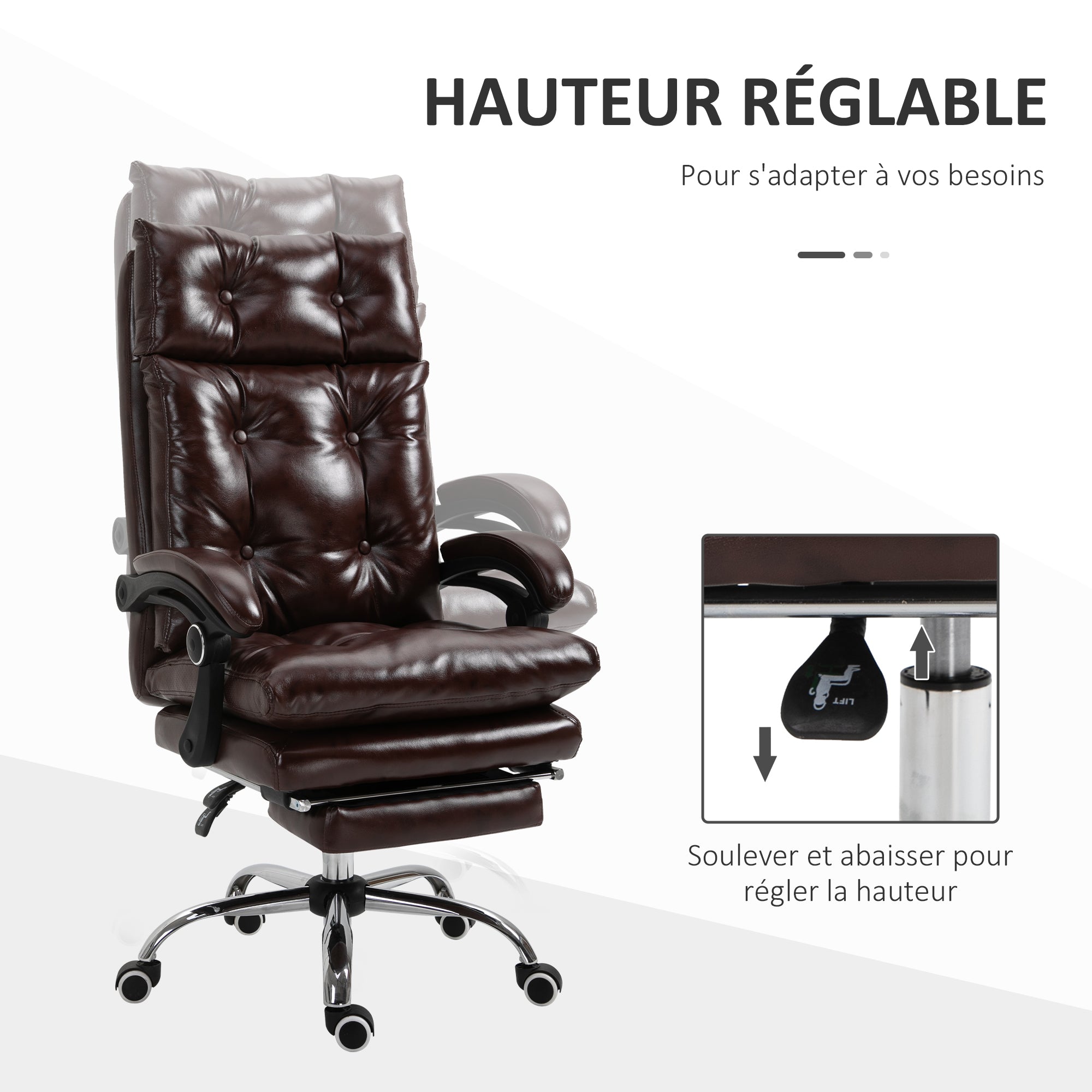 Fauteuil de bureau, chaise de bureau ergonomique avec hauteur réglable, dossier inclinable et repose-pied rétractable et pivotant à 360°, cuir synthétique, pour chambre, télétravail, marron