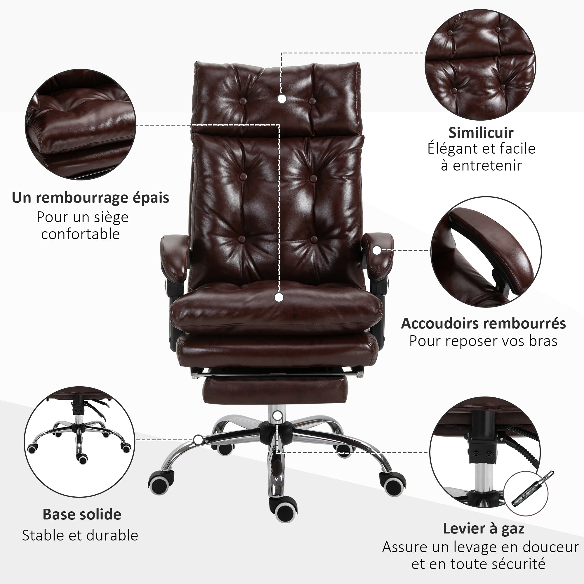 Fauteuil de bureau, chaise de bureau ergonomique avec hauteur réglable, dossier inclinable et repose-pied rétractable et pivotant à 360°, cuir synthétique, pour chambre, télétravail, marron