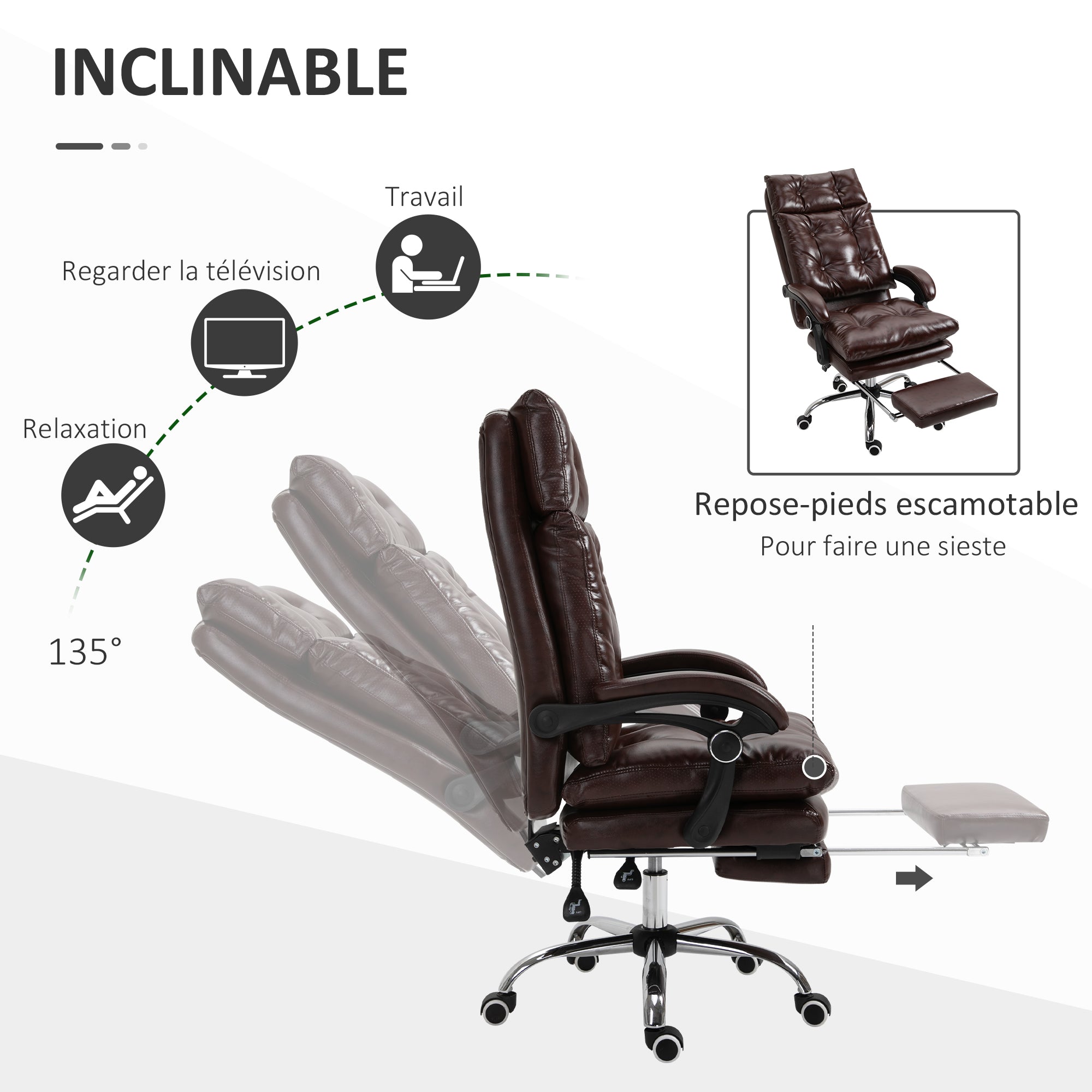 Fauteuil de bureau, chaise de bureau ergonomique avec hauteur réglable, dossier inclinable et repose-pied rétractable et pivotant à 360°, cuir synthétique, pour chambre, télétravail, marron