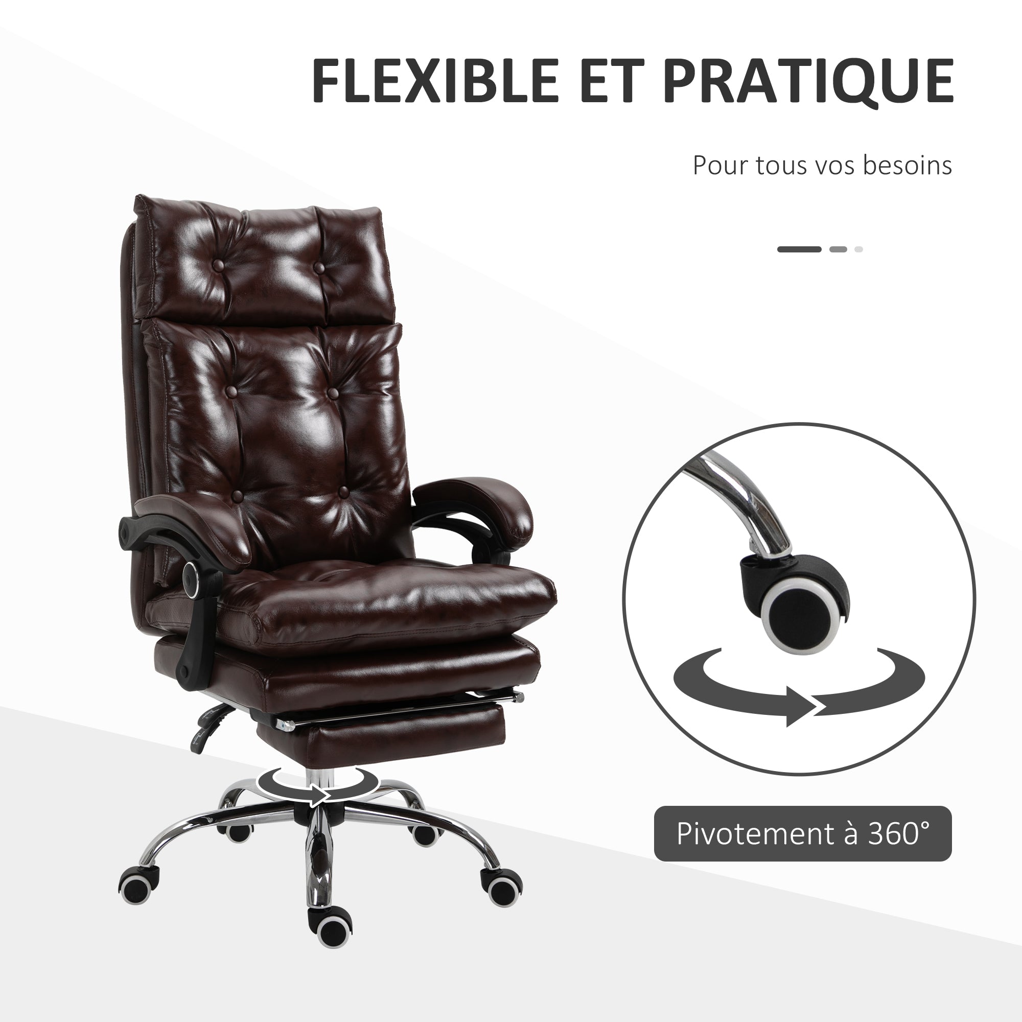 Fauteuil de bureau, chaise de bureau ergonomique avec hauteur réglable, dossier inclinable et repose-pied rétractable et pivotant à 360°, cuir synthétique, pour chambre, télétravail, marron