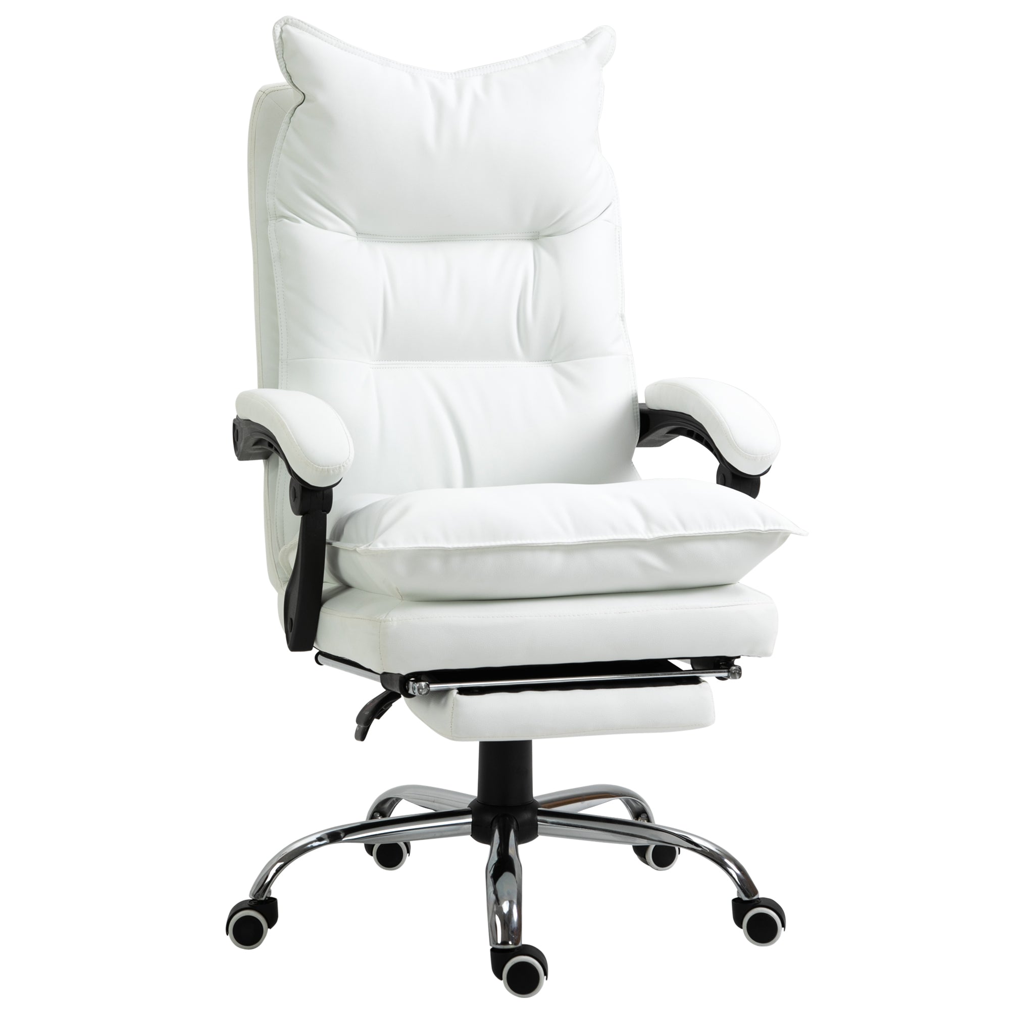 Fauteuil de bureau, chaise bureau ergonomique en similicuir avec large assise rembourrée, dossier inclinable, hauteur réglable, accoudoirs et repose-pied intégrés, charge 135 Kg, blanc