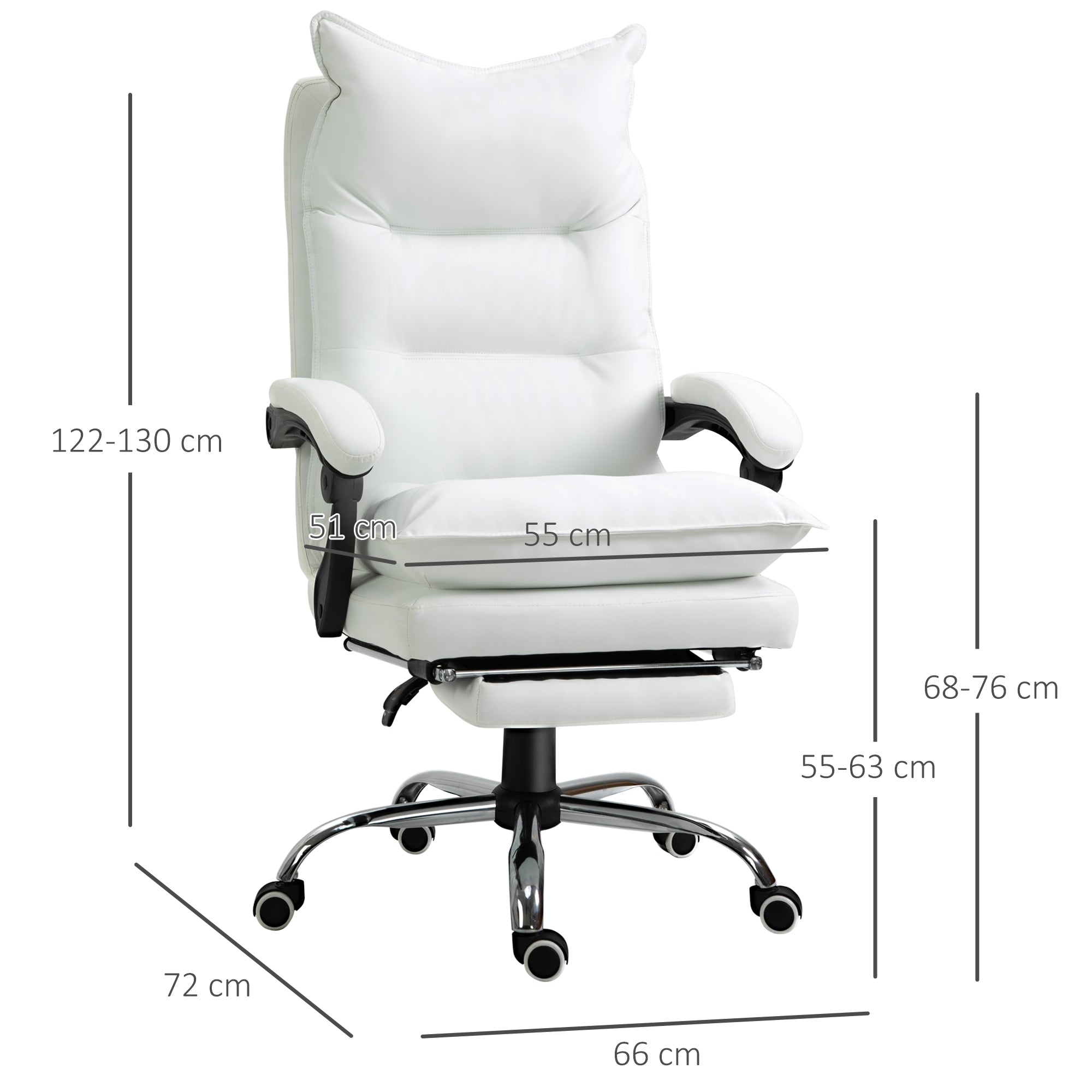 Fauteuil de bureau, chaise bureau ergonomique en similicuir avec large assise rembourrée, dossier inclinable, hauteur réglable, accoudoirs et repose-pied intégrés, charge 135 Kg, blanc