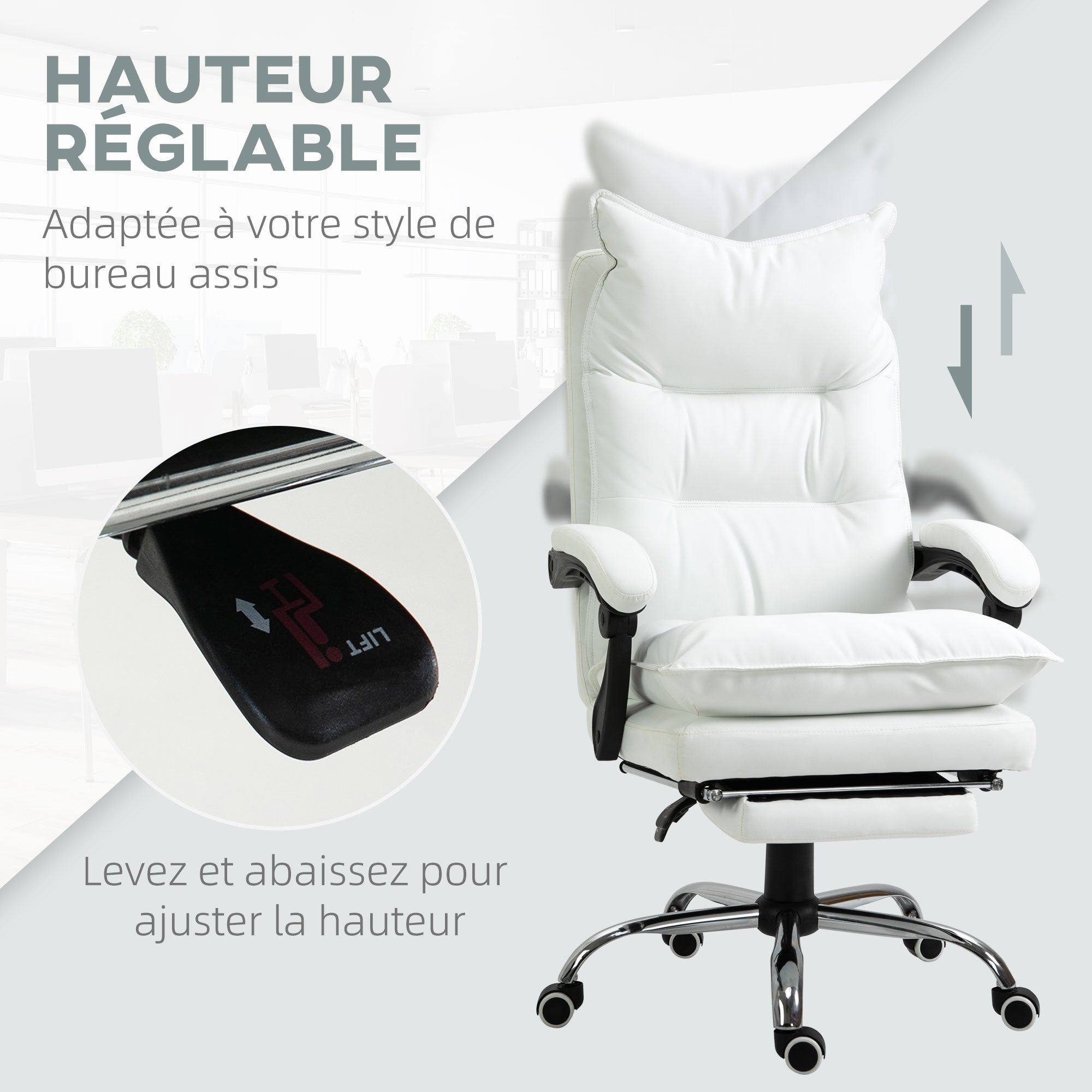 Fauteuil de bureau, chaise bureau ergonomique en similicuir avec large assise rembourrée, dossier inclinable, hauteur réglable, accoudoirs et repose-pied intégrés, charge 135 Kg, blanc