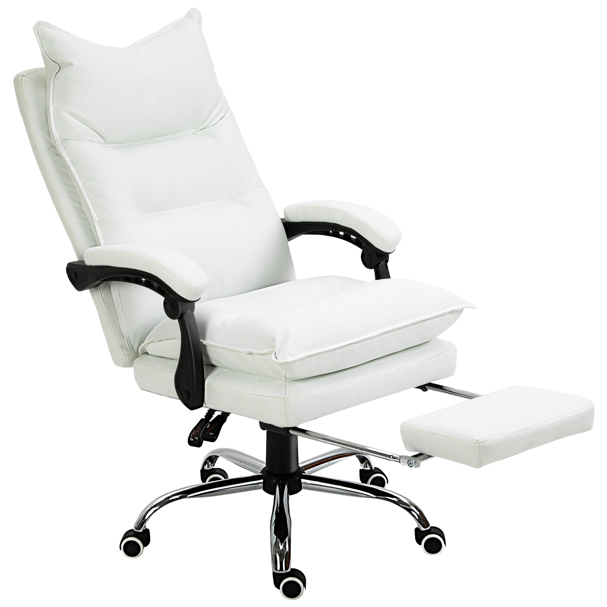 Fauteuil de bureau, chaise bureau ergonomique en similicuir avec large assise rembourrée, dossier inclinable, hauteur réglable, accoudoirs et repose-pied intégrés, charge 135 Kg, blanc