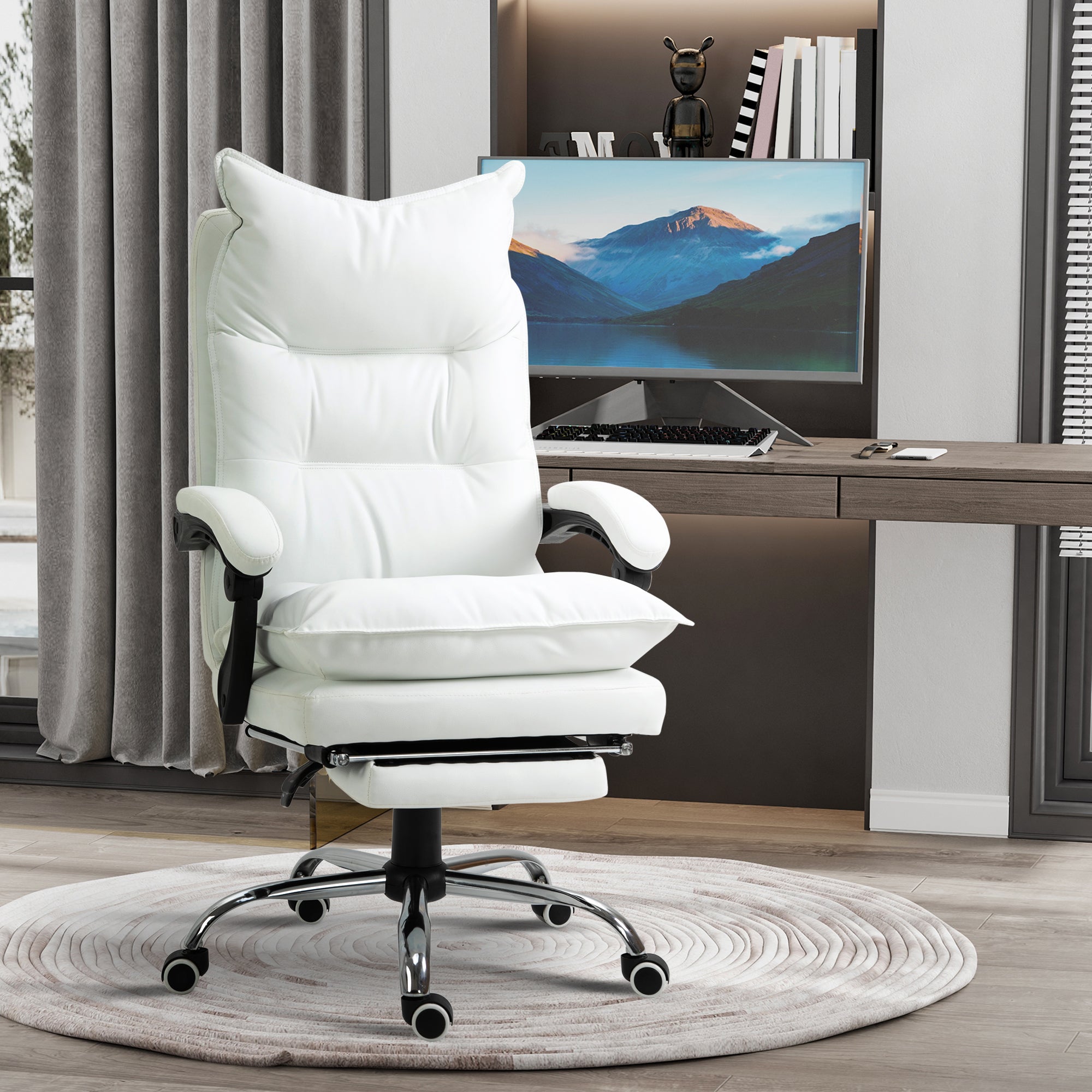 Fauteuil de bureau, chaise bureau ergonomique en similicuir avec large assise rembourrée, dossier inclinable, hauteur réglable, accoudoirs et repose-pied intégrés, charge 135 Kg, blanc