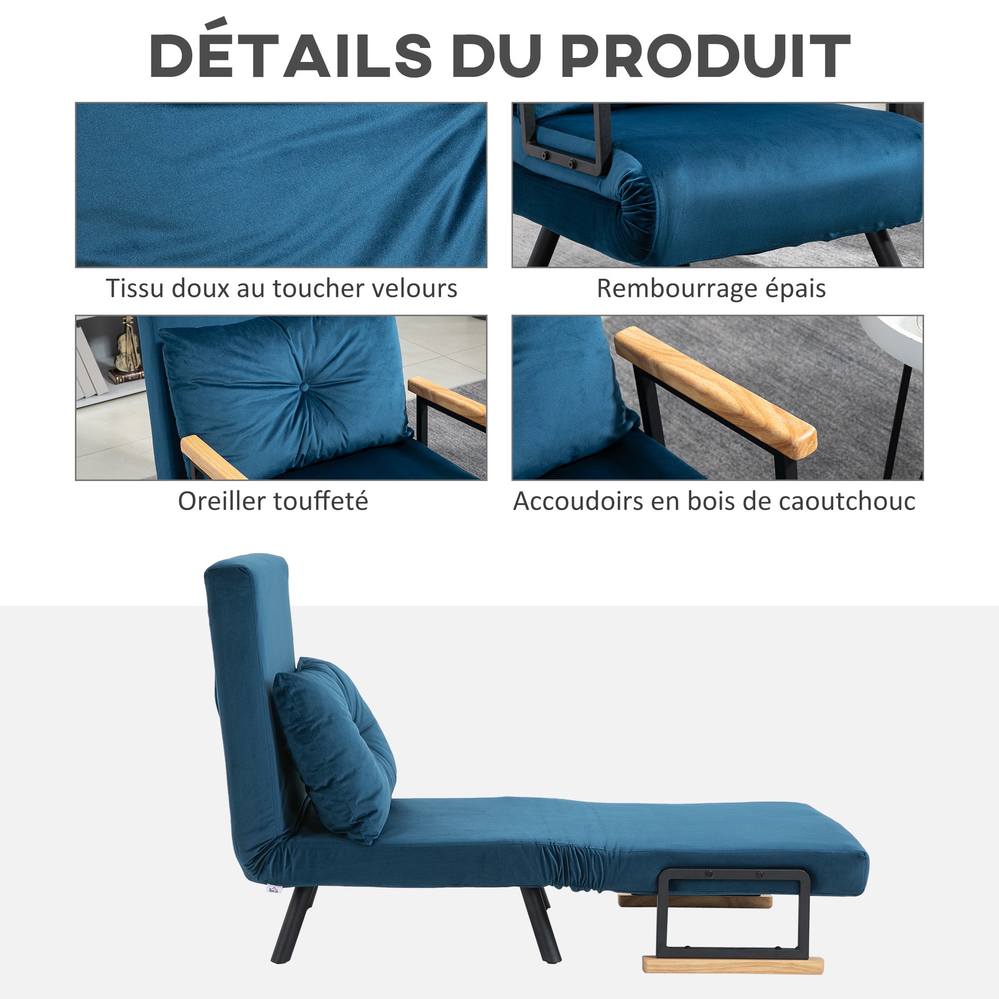 Fauteuil convertible 1 place chauffeuse 4 en 1 canapé convertible fauteuil lit avec dossier réglable en 5 positions, coussin inclus, canapé-lit 1 place pour invités, salon, charge 120 kg bleu