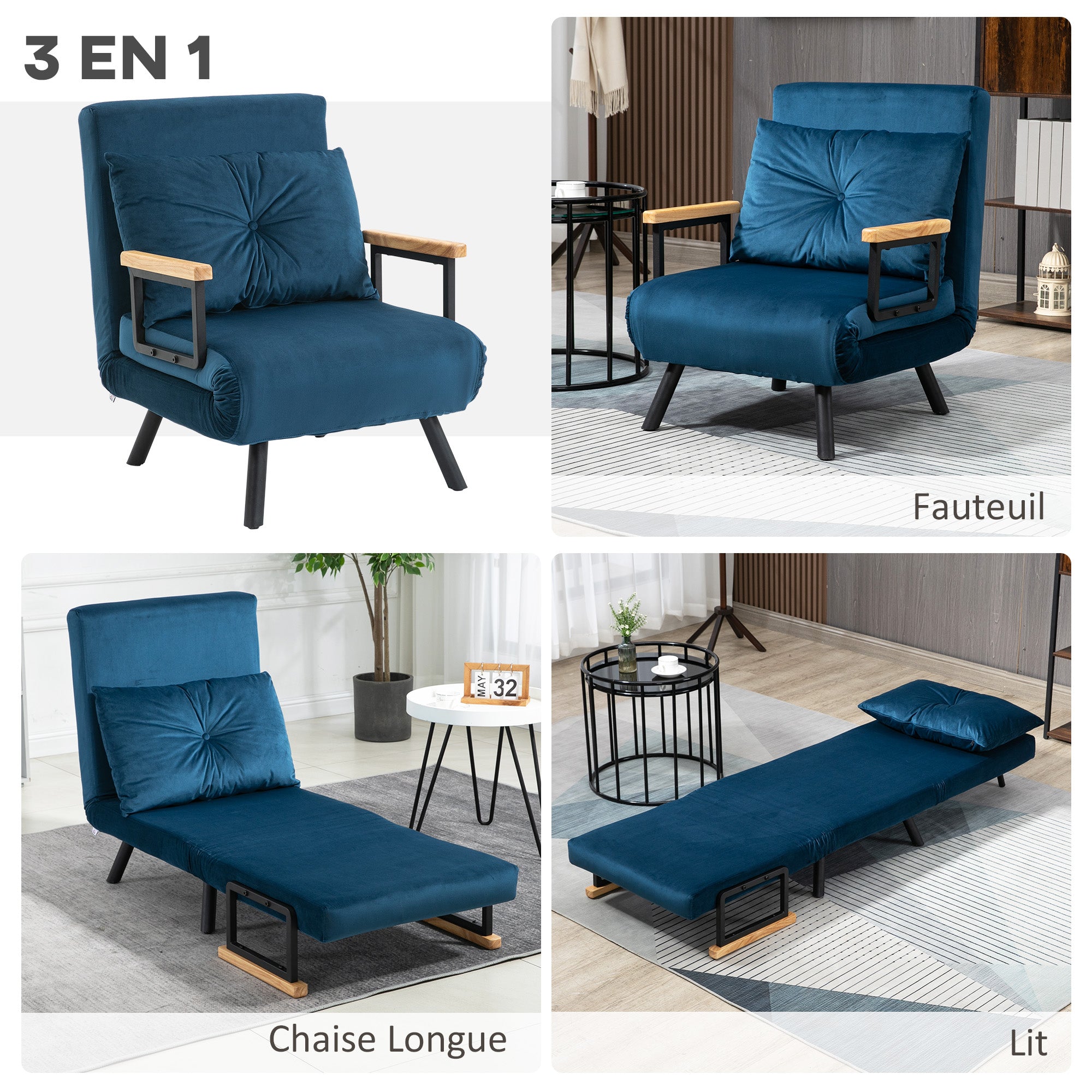 Fauteuil convertible 1 place chauffeuse 4 en 1 canapé convertible fauteuil lit avec dossier réglable en 5 positions, coussin inclus, canapé-lit 1 place pour invités, salon, charge 120 kg bleu
