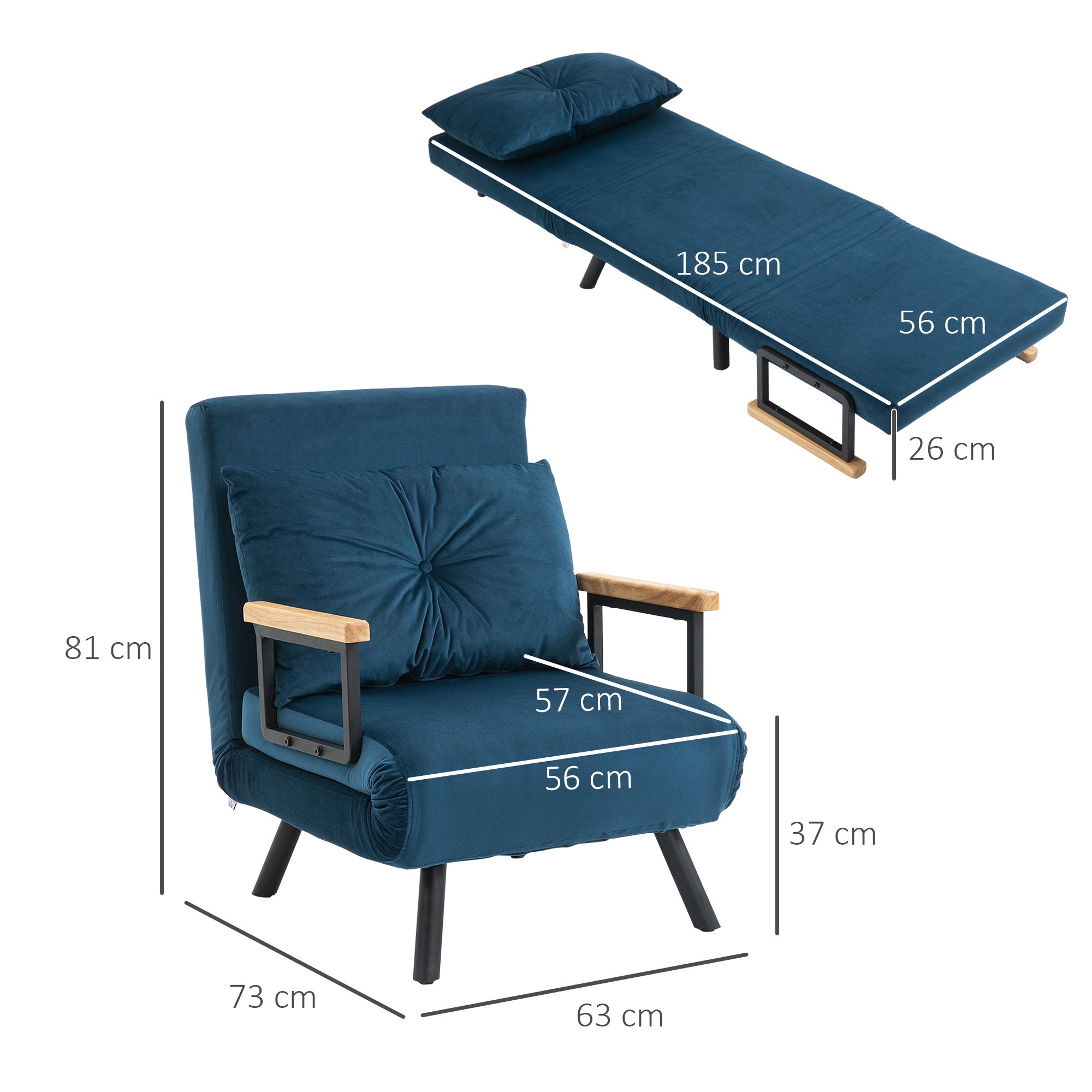 Fauteuil convertible 1 place chauffeuse 4 en 1 canapé convertible fauteuil lit avec dossier réglable en 5 positions, coussin inclus, canapé-lit 1 place pour invités, salon, charge 120 kg bleu
