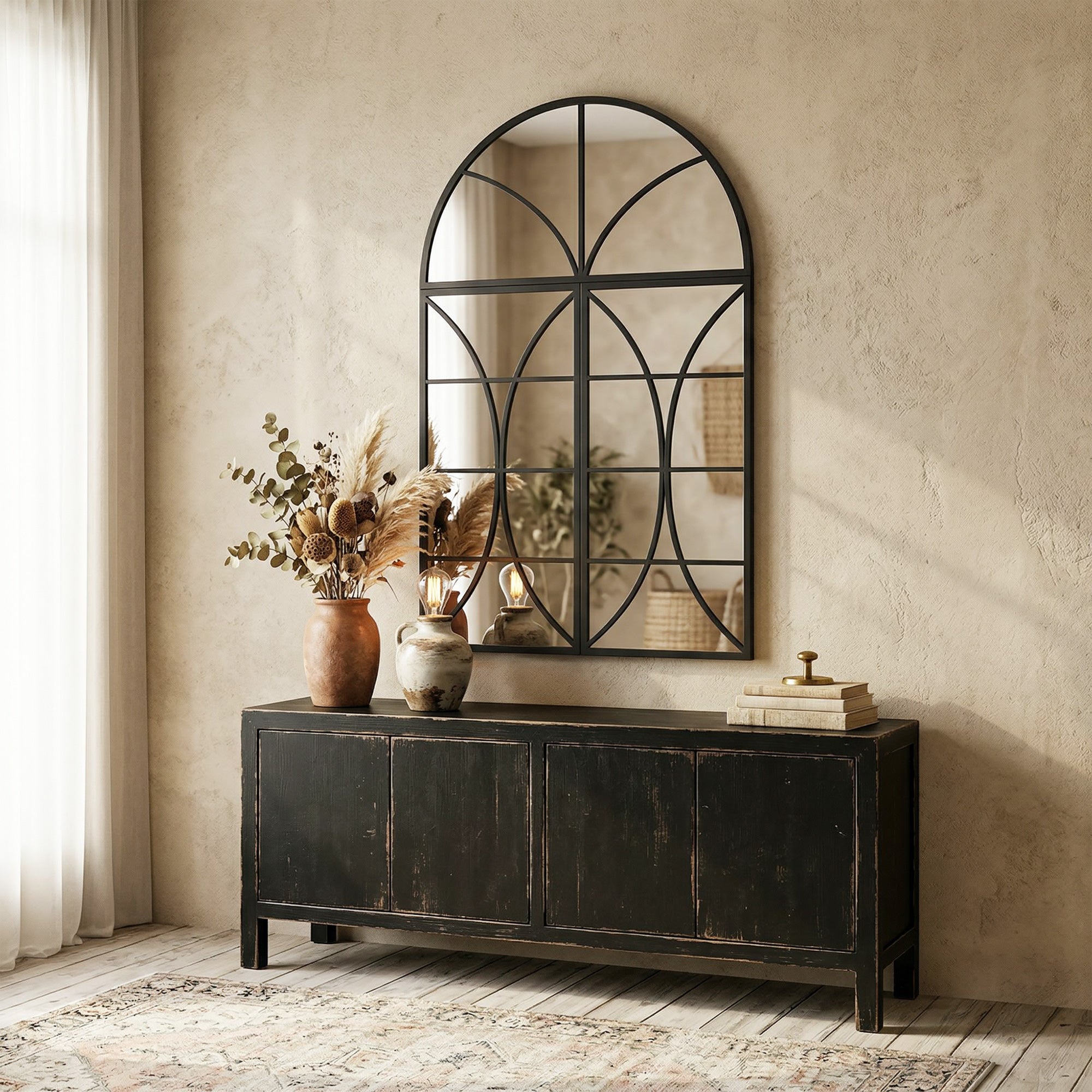 Miroir Mural Arqué 80 x 120 cm, Lot de 3 Pièces, Miroir Verrière Décoratif en Forme de Fenêtre, Verre Trempé Incassable, Cadre en Métal, pour Salon, Chambre à Coucher, Couloir, Noir