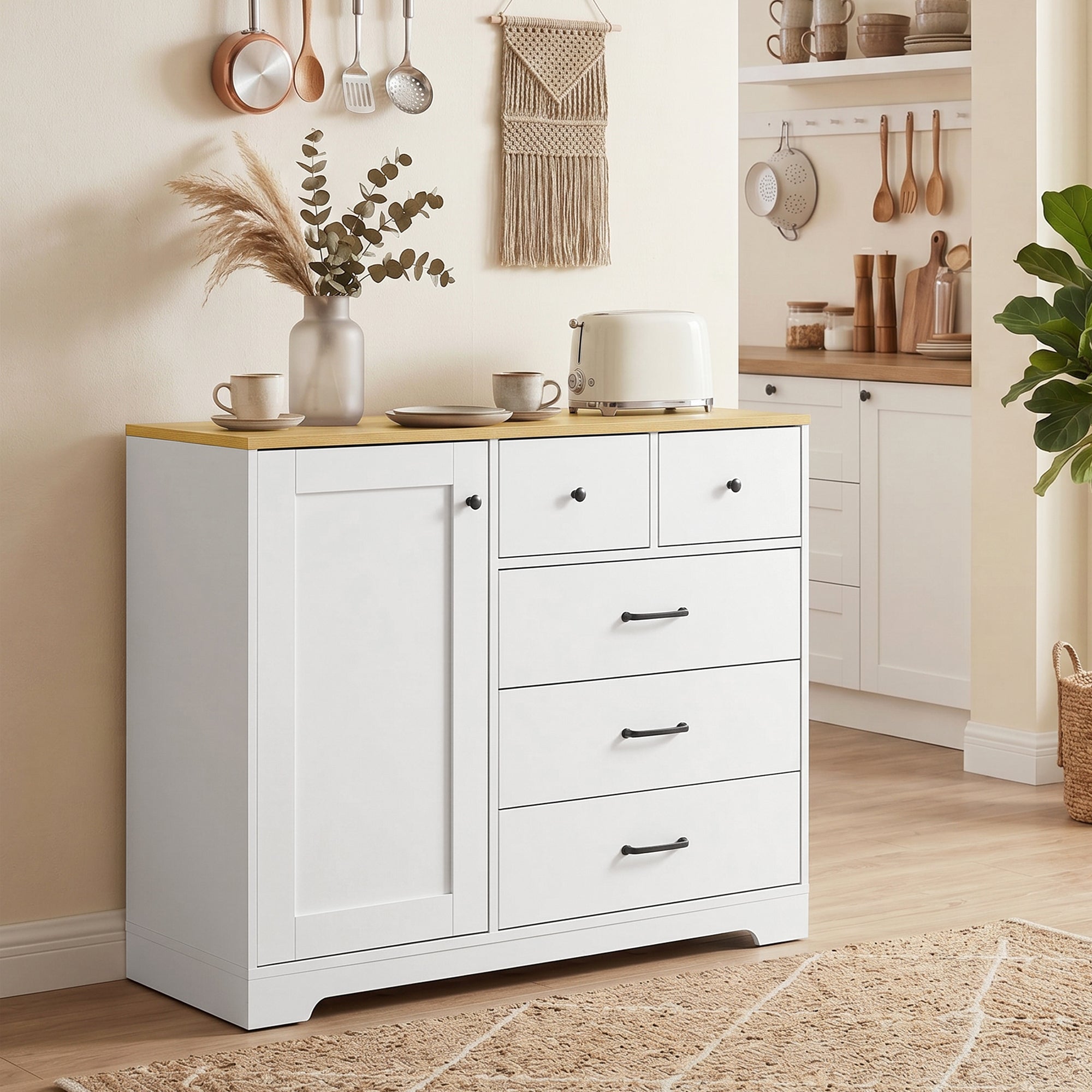Buffet Cuisine, Meuble de Rangement avec 5 Tiroirs et Porte, Style Rustique, Meuble TV, Buffet Salle à Manger, Salon et Chambre, 100 x 40 x 94 cm, Blanc