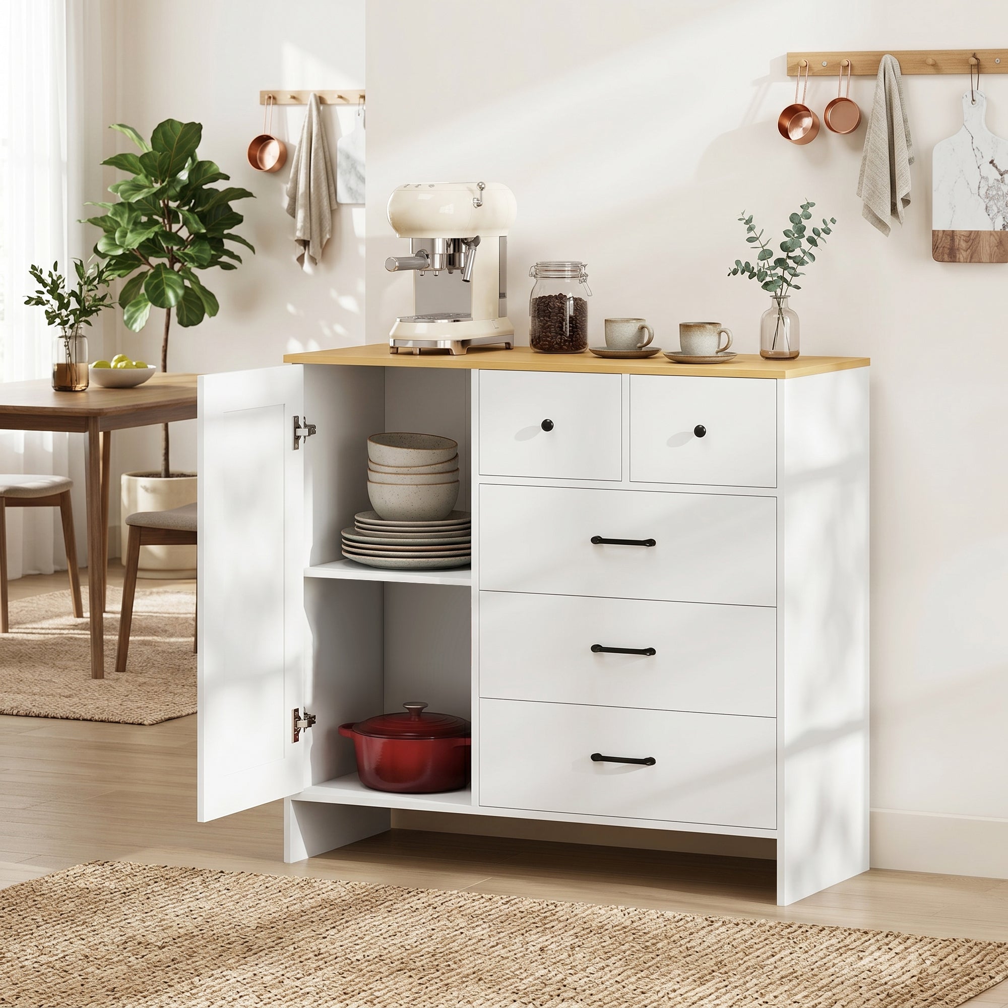 Buffet Cuisine, Meuble de Rangement avec 5 Tiroirs et Porte, Style Rustique, Meuble TV, Buffet Salle à Manger, Salon et Chambre, 100 x 40 x 94 cm, Blanc