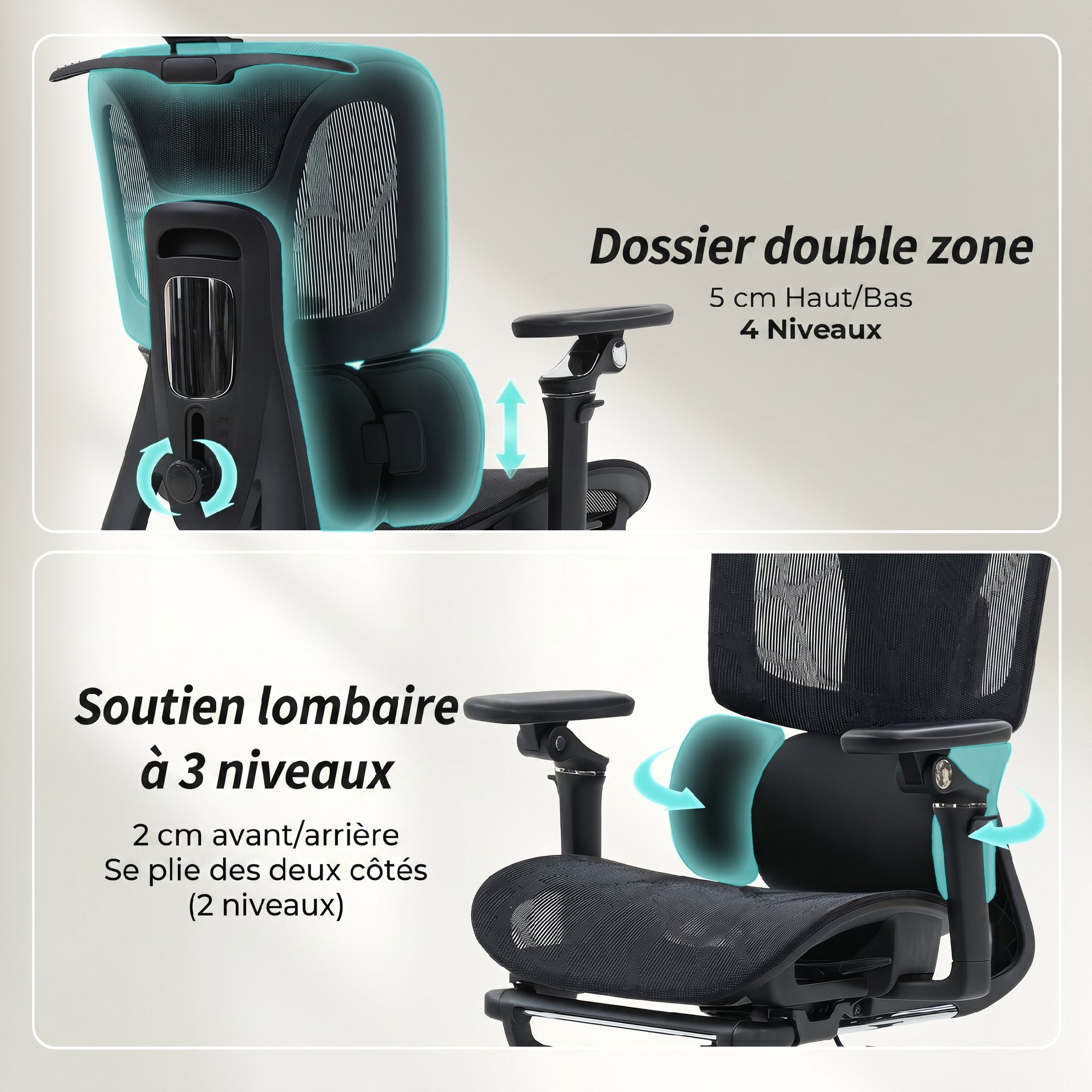 Chaise Bureau Ergonomique avec Accoudoirs 6D, Appui-Tête et Profondeur d'Assise Réglables, Fauteuil de Bureau en Maille Inclinable, Hauteur Réglable, Soutien Lombaire, Repose-Pieds, Noir