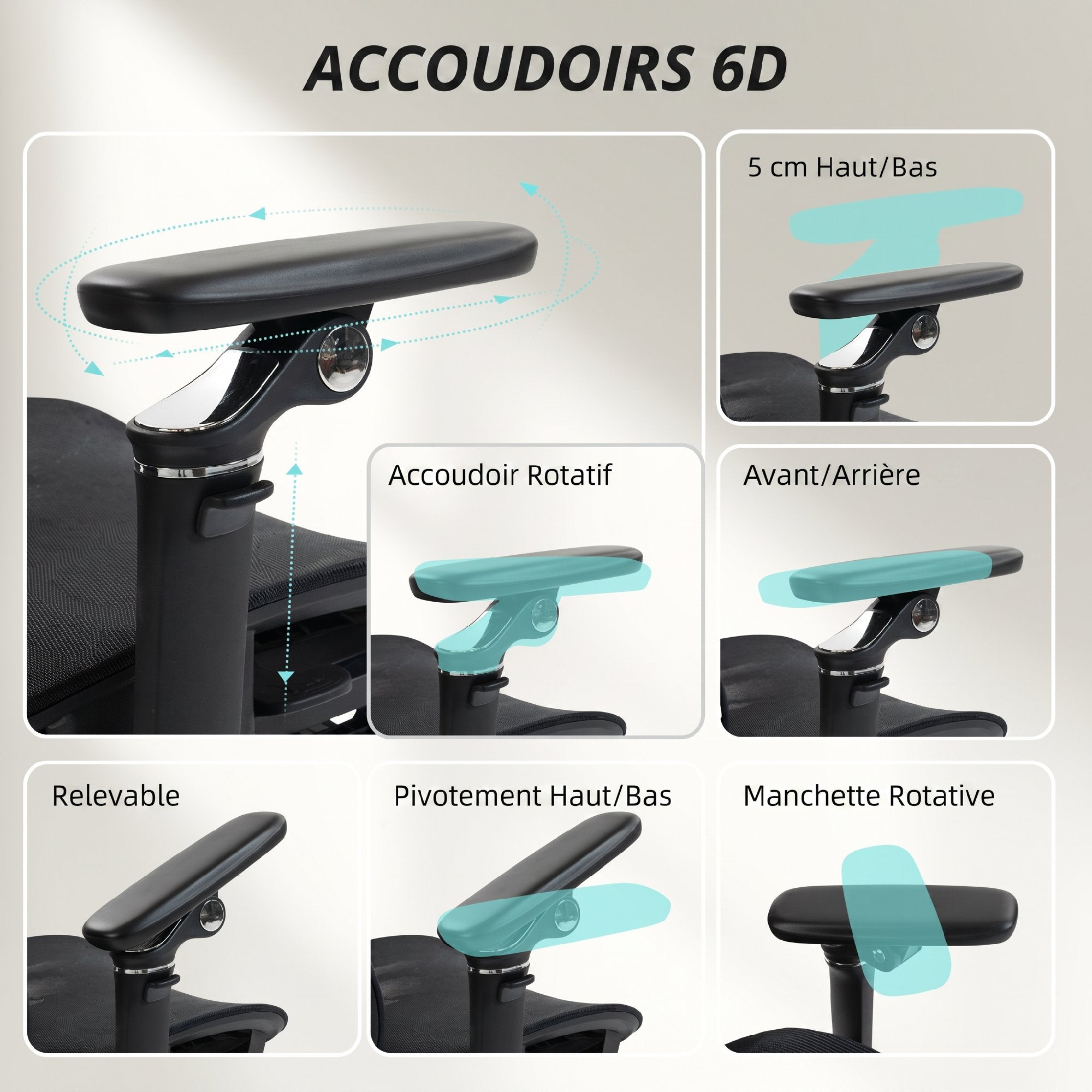 Chaise Bureau Ergonomique avec Accoudoirs 6D, Appui-Tête et Profondeur d'Assise Réglables, Fauteuil de Bureau en Maille Inclinable, Hauteur Réglable, Soutien Lombaire, Repose-Pieds, Noir