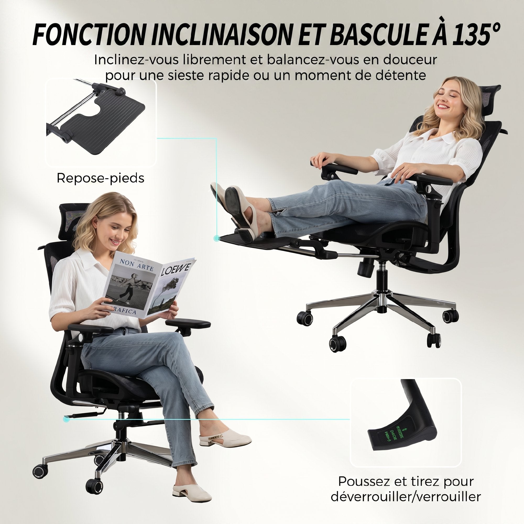 Chaise Bureau Ergonomique avec Accoudoirs 6D, Appui-Tête et Profondeur d'Assise Réglables, Fauteuil de Bureau en Maille Inclinable, Hauteur Réglable, Soutien Lombaire, Repose-Pieds, Noir