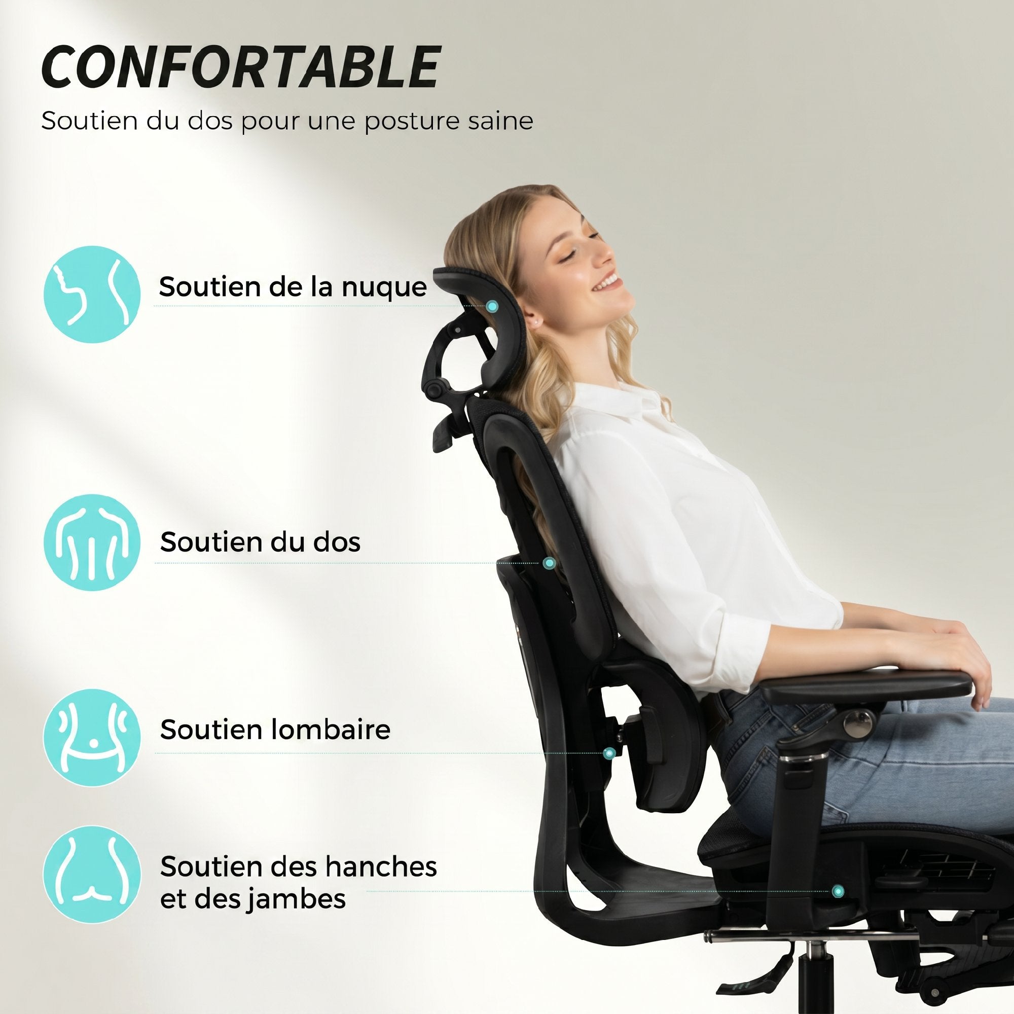 Chaise Bureau Ergonomique avec Accoudoirs 6D, Appui-Tête et Profondeur d'Assise Réglables, Fauteuil de Bureau en Maille Inclinable, Hauteur Réglable, Soutien Lombaire, Repose-Pieds, Noir