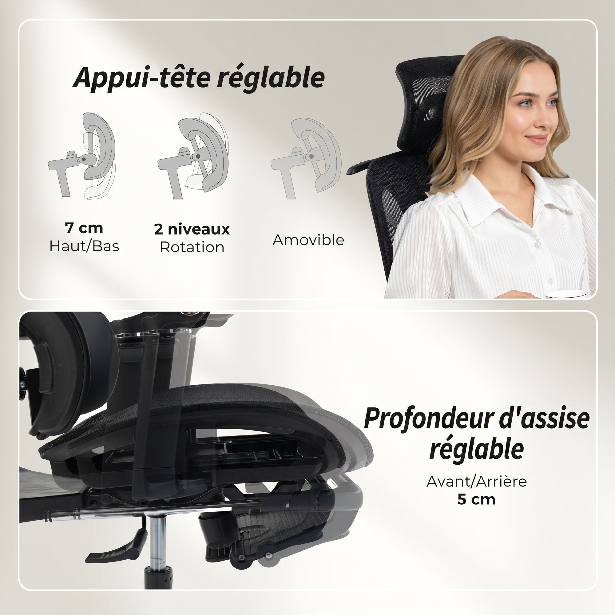 Chaise Bureau Ergonomique avec Accoudoirs 6D, Appui-Tête et Profondeur d'Assise Réglables, Fauteuil de Bureau en Maille Inclinable, Hauteur Réglable, Soutien Lombaire, Repose-Pieds, Noir