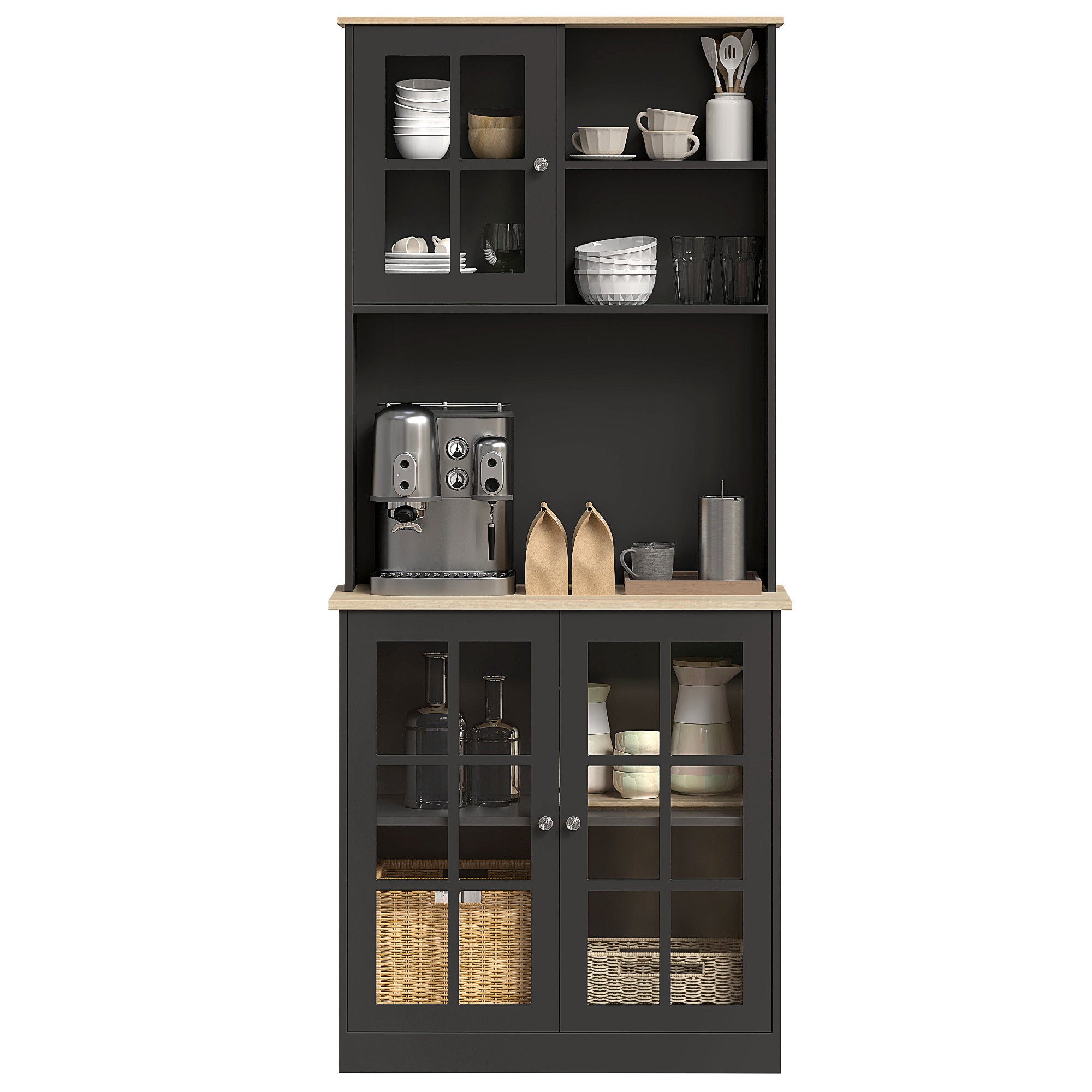 Buffet cuisine, meuble cuisine rangement haut, meuble de rangement avec plan de travail, 3 portes vitrées, 2 niches et étagères réglables, 80 x 37 x 183 cm, noir chêne