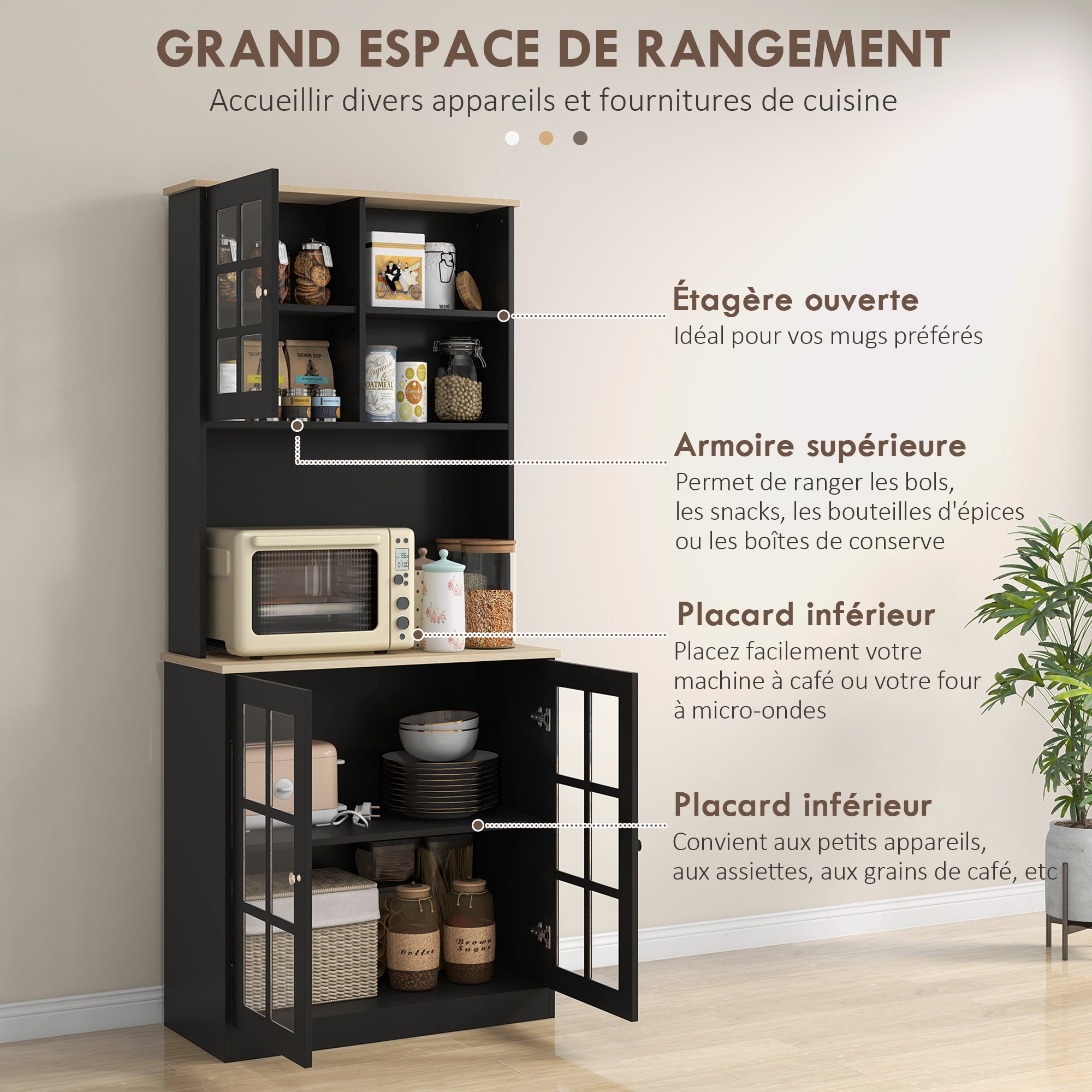 Buffet cuisine, meuble cuisine rangement haut, meuble de rangement avec plan de travail, 3 portes vitrées, 2 niches et étagères réglables, 80 x 37 x 183 cm, noir chêne