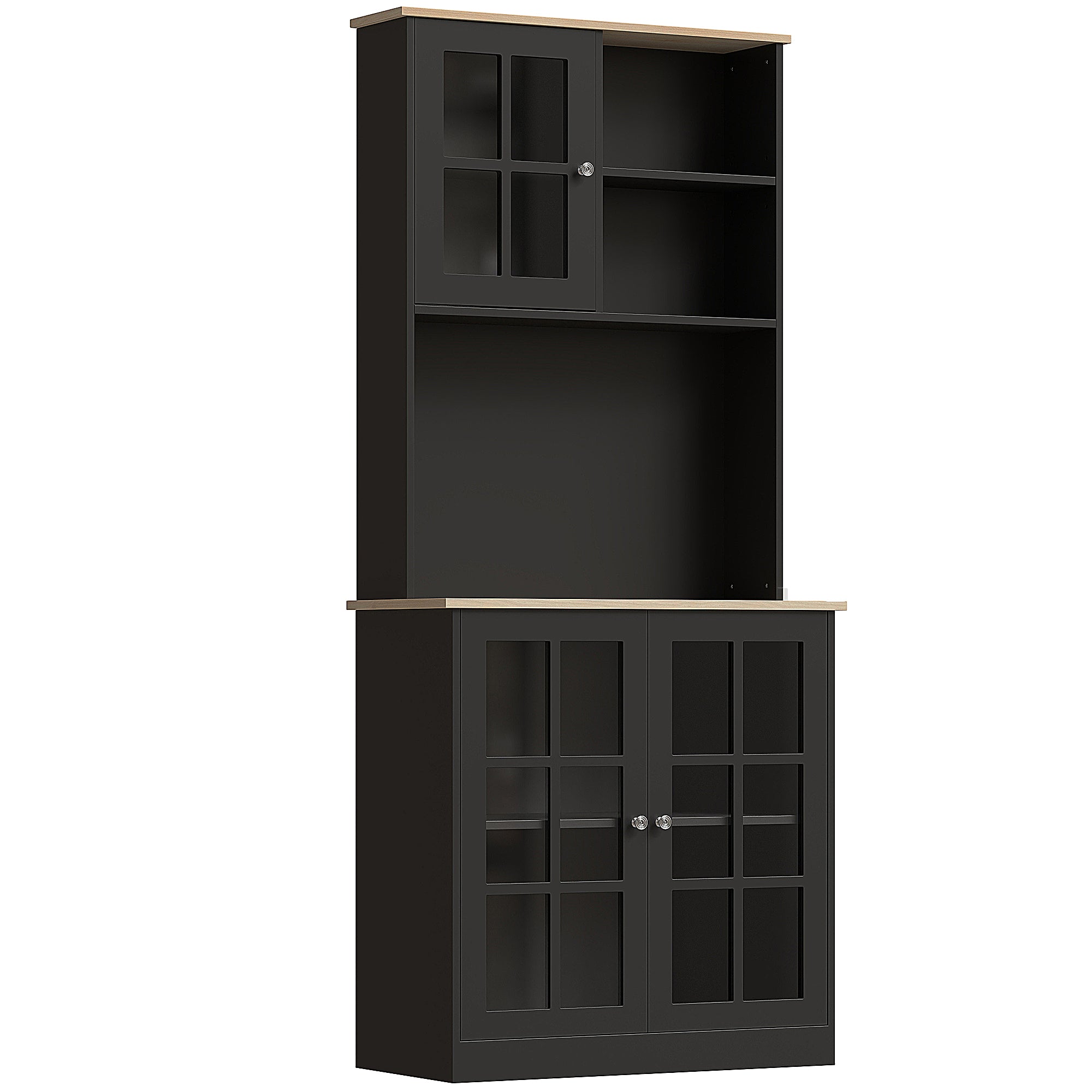 Buffet cuisine, meuble cuisine rangement haut, meuble de rangement avec plan de travail, 3 portes vitrées, 2 niches et étagères réglables, 80 x 37 x 183 cm, noir chêne