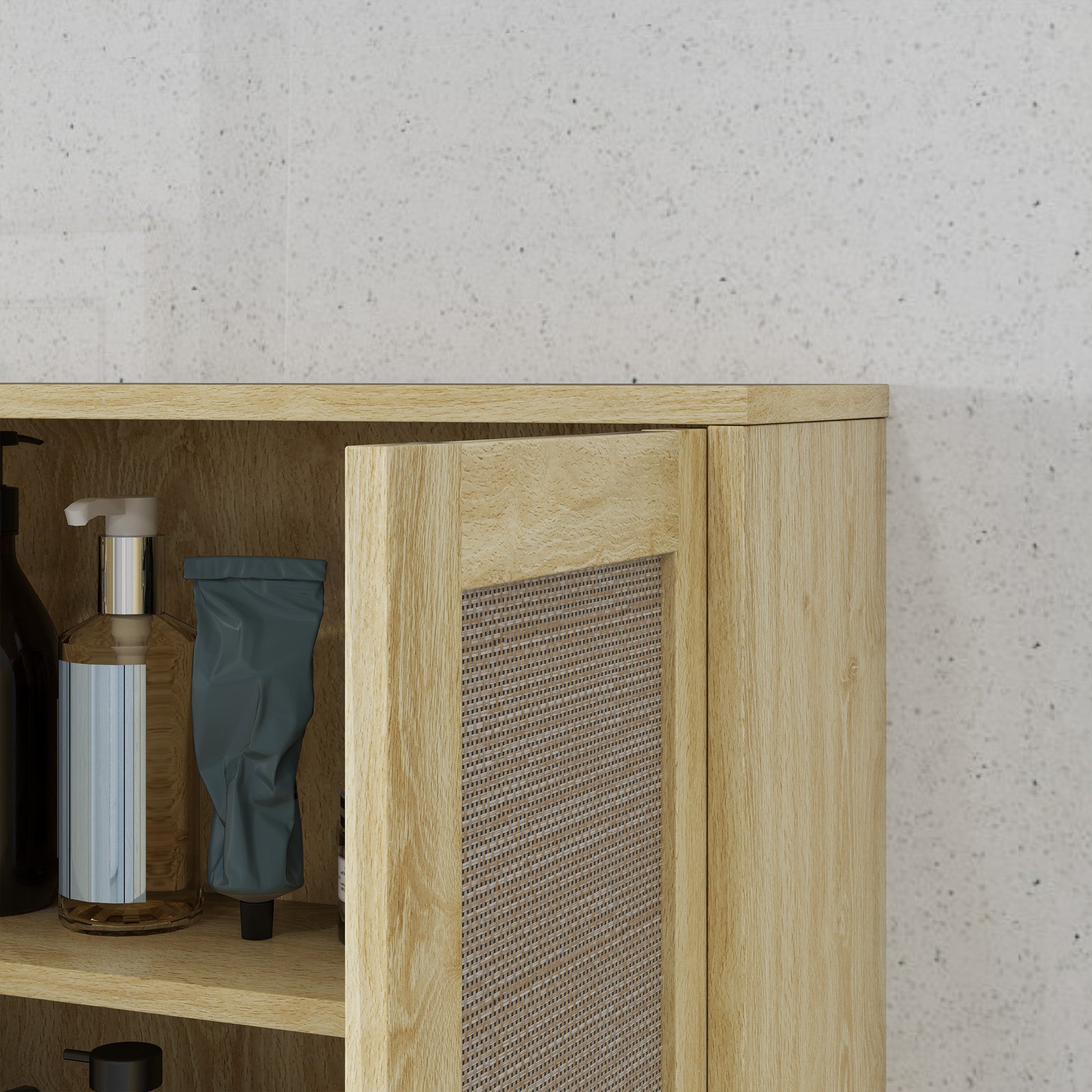 Meuble mural salle de bain, meuble wc suspendu, avec étagère réglable, double porte et étagère ouverte, 59 x 20 x 66,5 cm, effet bois de chêne