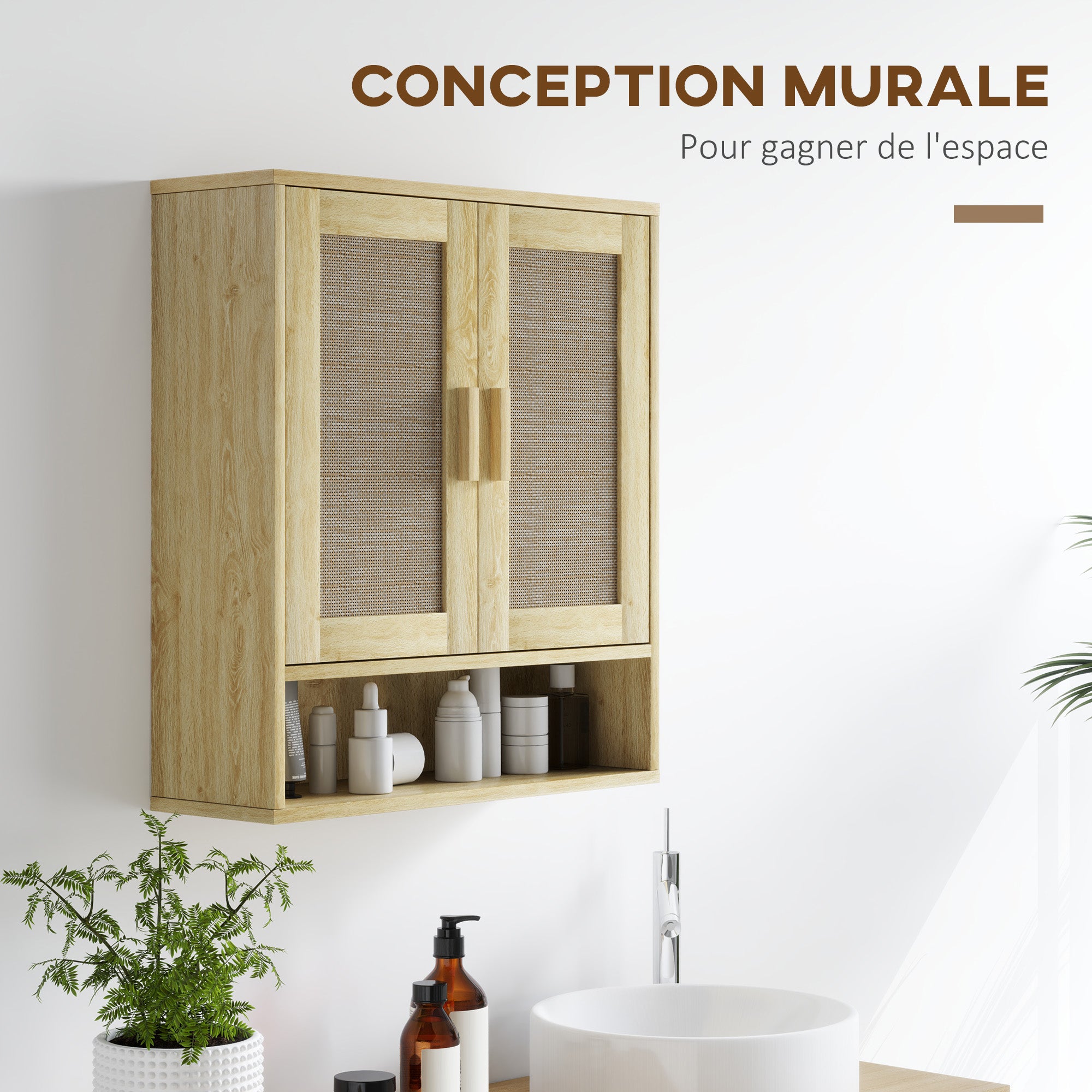 Meuble mural salle de bain, meuble wc suspendu, avec étagère réglable, double porte et étagère ouverte, 59 x 20 x 66,5 cm, effet bois de chêne
