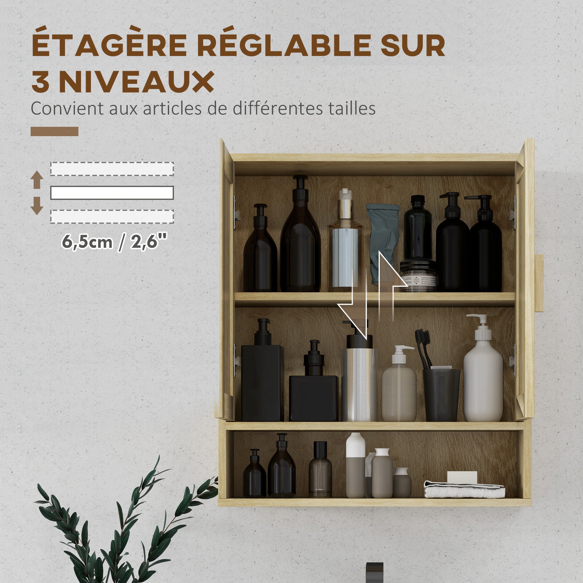 Meuble mural salle de bain, meuble wc suspendu, avec étagère réglable, double porte et étagère ouverte, 59 x 20 x 66,5 cm, effet bois de chêne