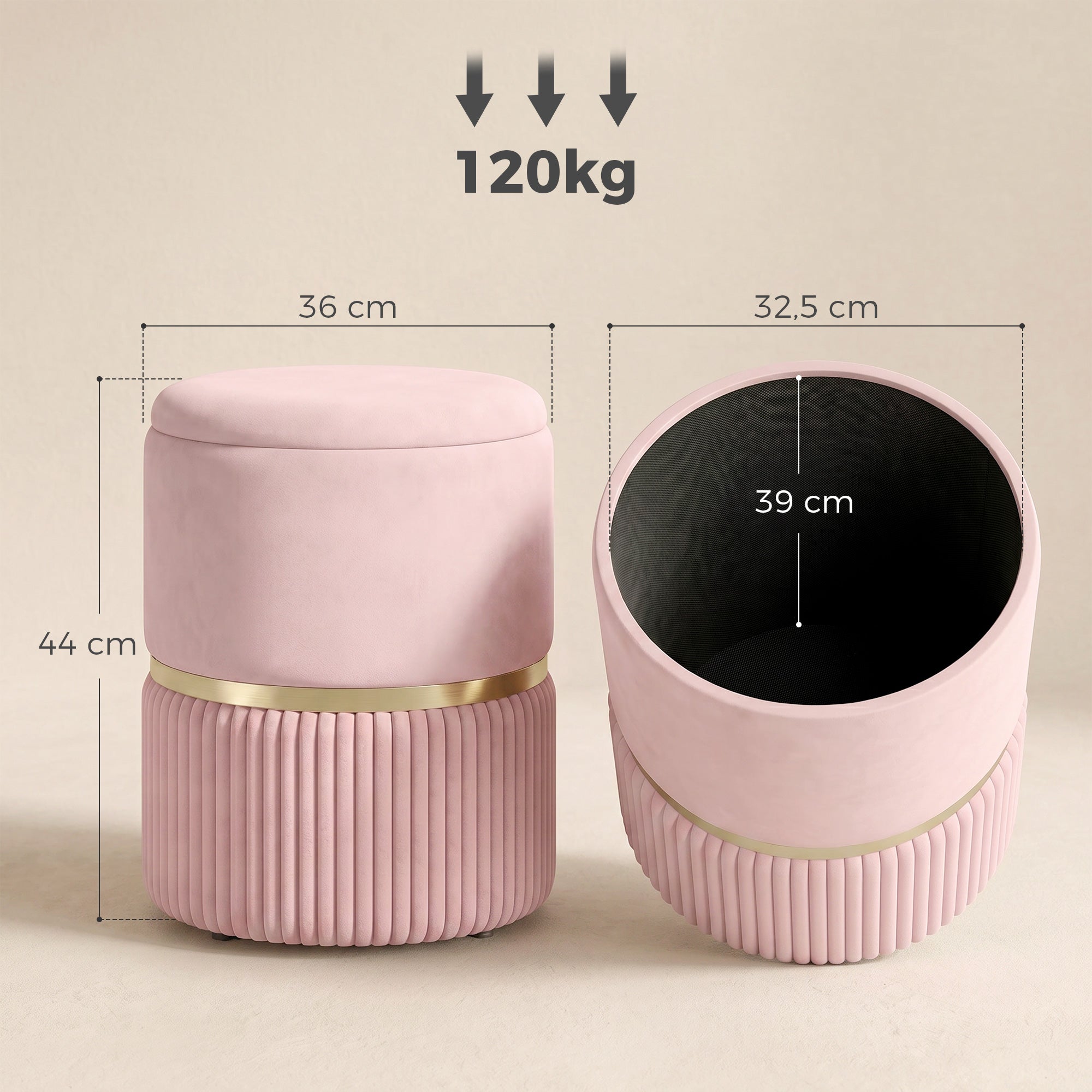 Pouf tabouret repose-pied, coffre de rangement, en velours côtelé, design moderne, 36 x 36 x 44 cm, pour salon, chambre, rose
