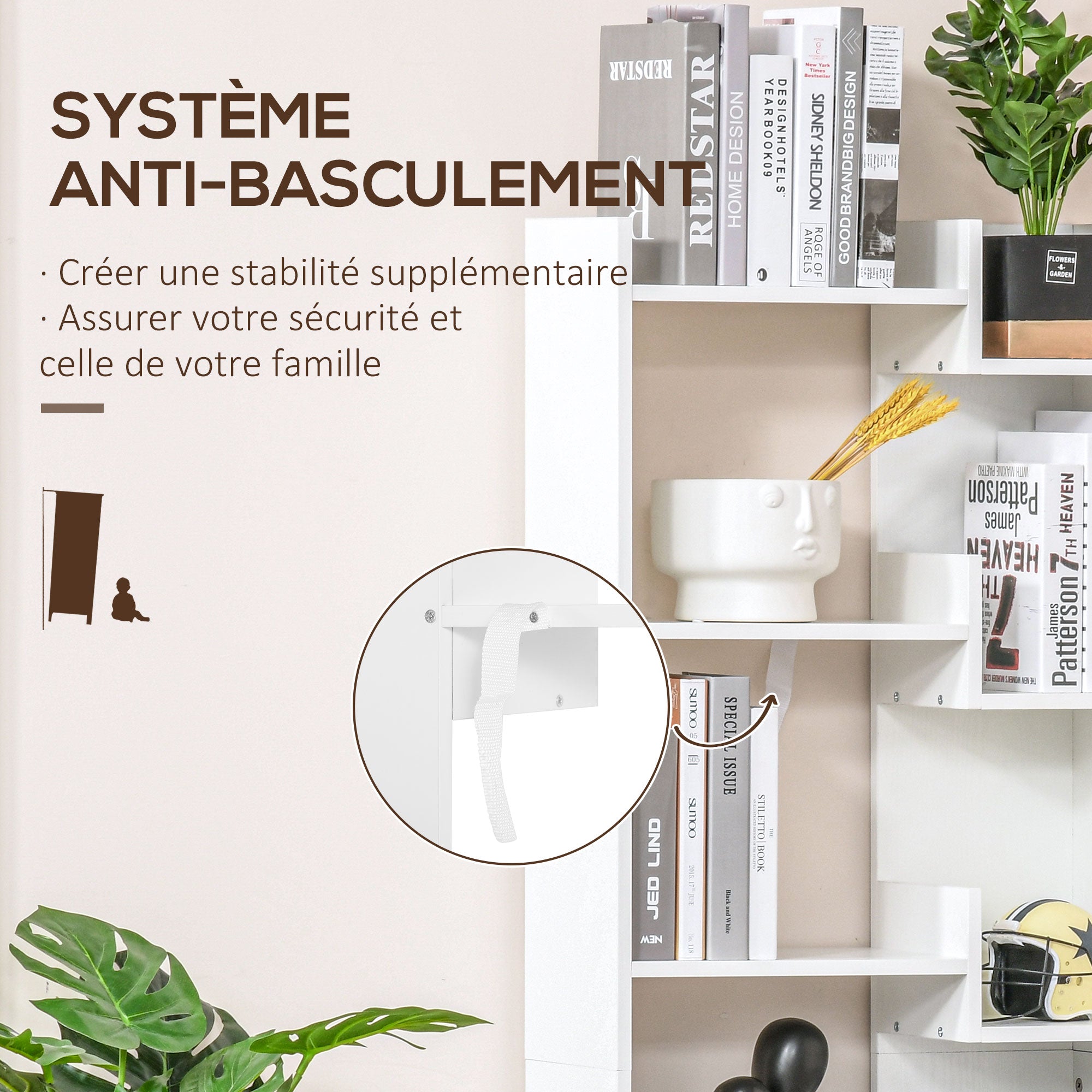 Bibliothèque, étagère de rangement à 6 niveaux, bibliothèque haute, étagère à livres moderne, design irrégulier, pour salon, chambre, bureau, 60 x 21 x 162,5 cm, blanc