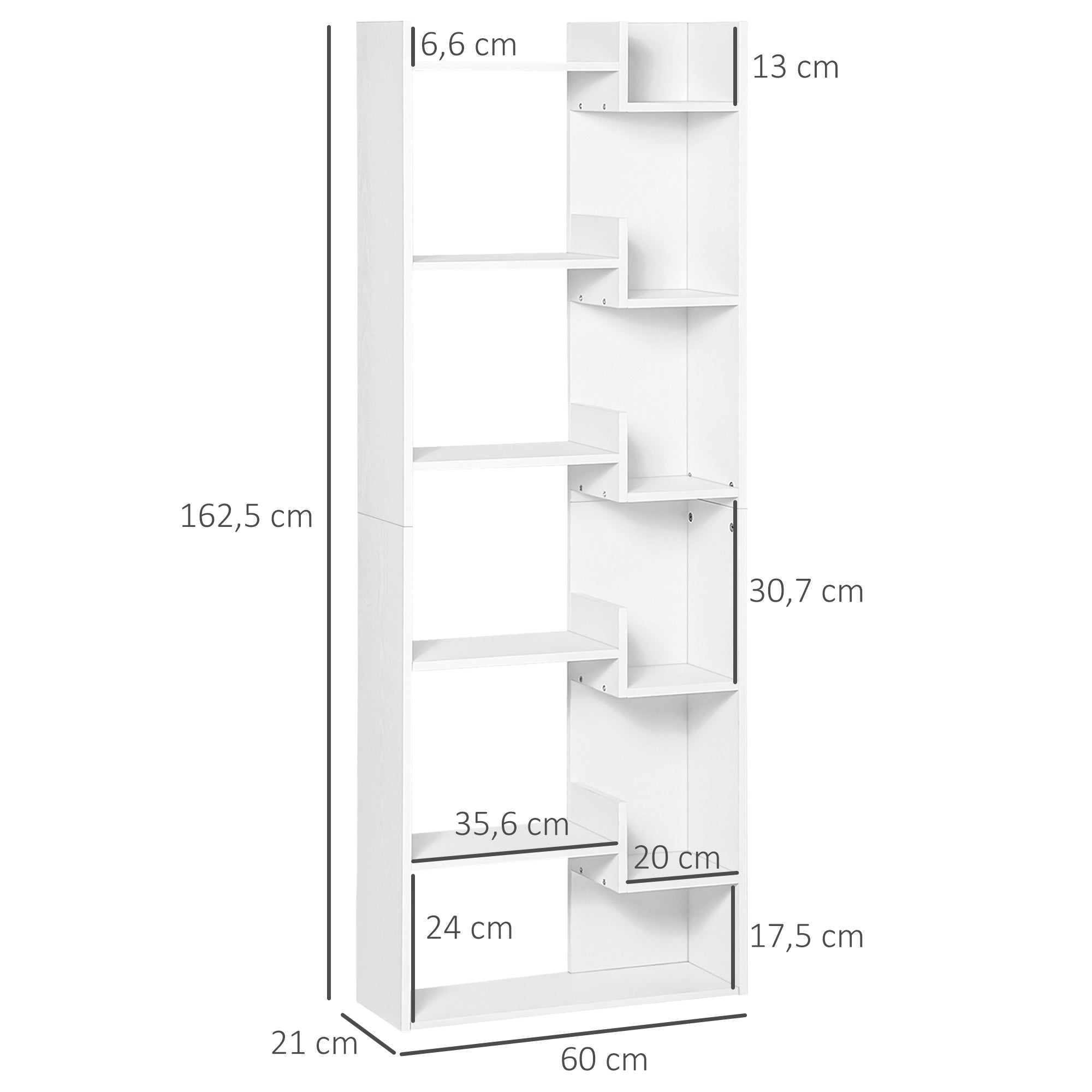 Bibliothèque, étagère de rangement à 6 niveaux, bibliothèque haute, étagère à livres moderne, design irrégulier, pour salon, chambre, bureau, 60 x 21 x 162,5 cm, blanc