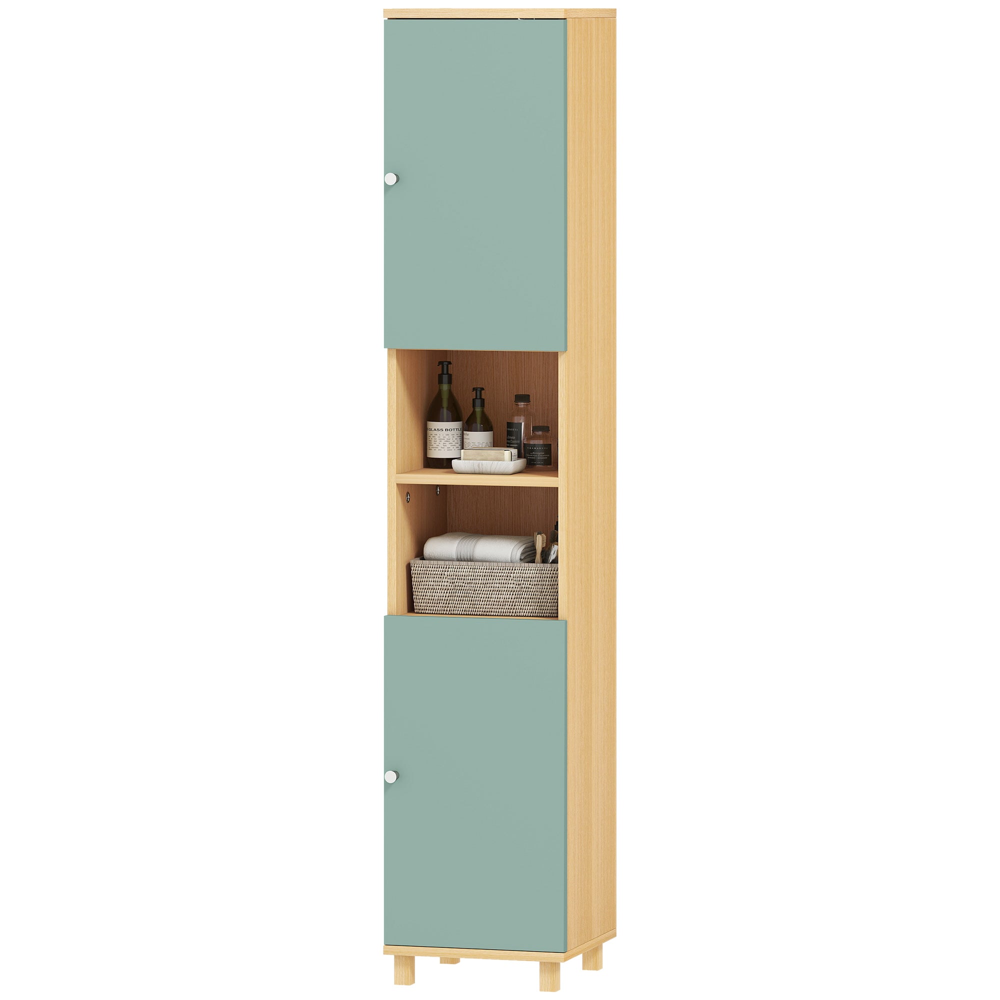 Meuble de salle de bain, meuble de rangement, armoire salle de bain avec 2 placards, 2 compartiments ouverts et étagères réglables, pour salon, petits espaces, 30 x 30 x 166 cm, vert