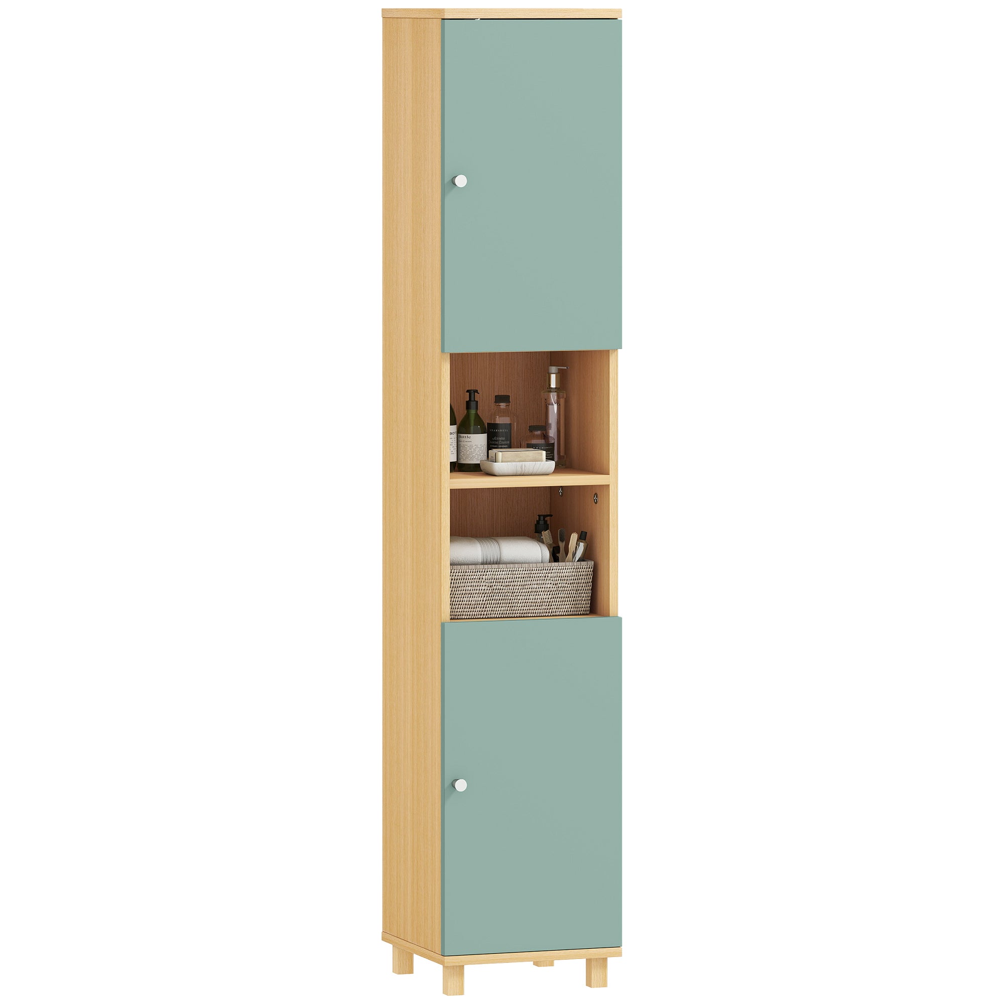 Meuble de salle de bain, meuble de rangement, armoire salle de bain avec 2 placards, 2 compartiments ouverts et étagères réglables, pour salon, petits espaces, 30 x 30 x 166 cm, vert