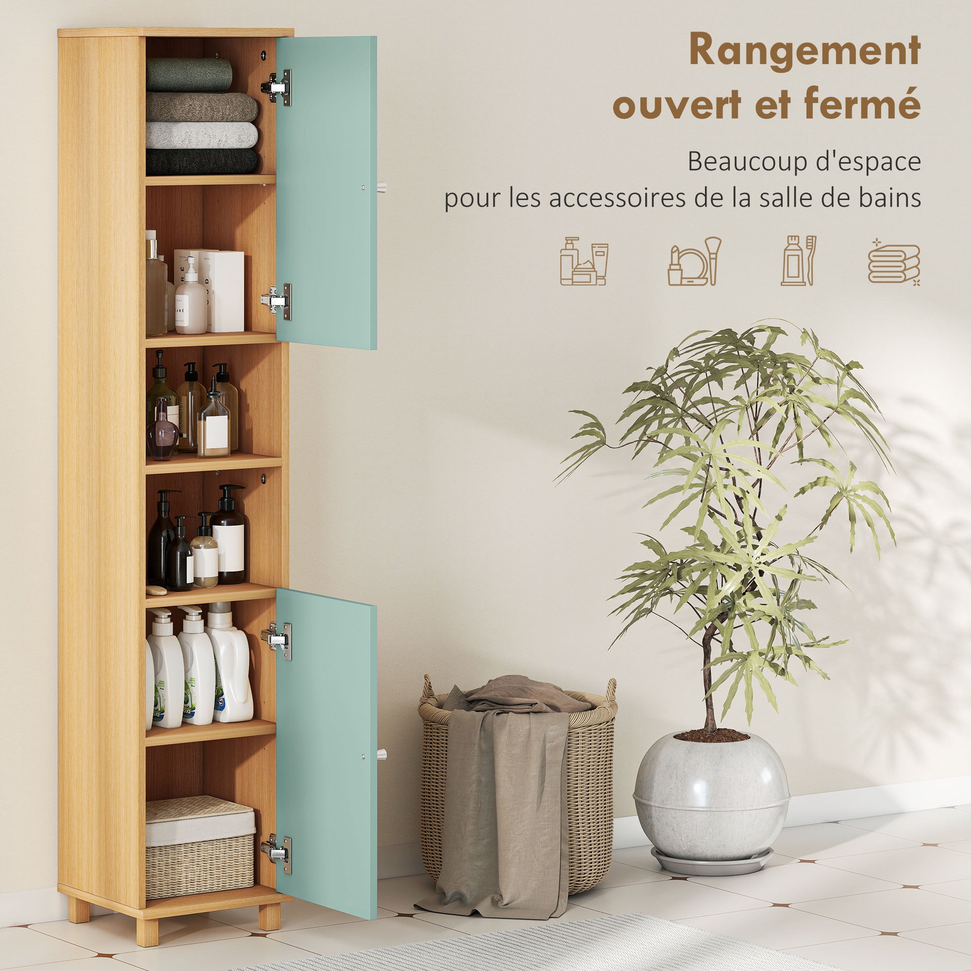 Meuble de salle de bain, meuble de rangement, armoire salle de bain avec 2 placards, 2 compartiments ouverts et étagères réglables, pour salon, petits espaces, 30 x 30 x 166 cm, vert