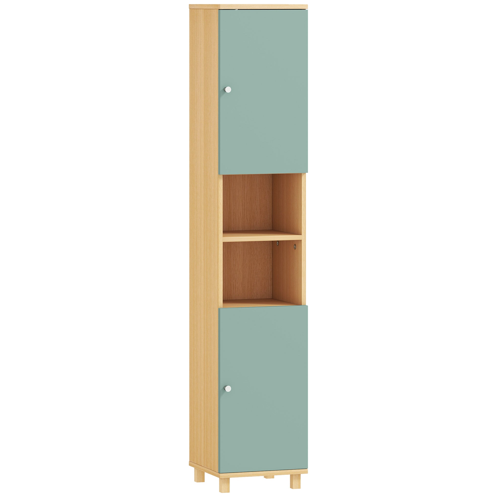 Meuble de salle de bain, meuble de rangement, armoire salle de bain avec 2 placards, 2 compartiments ouverts et étagères réglables, pour salon, petits espaces, 30 x 30 x 166 cm, vert