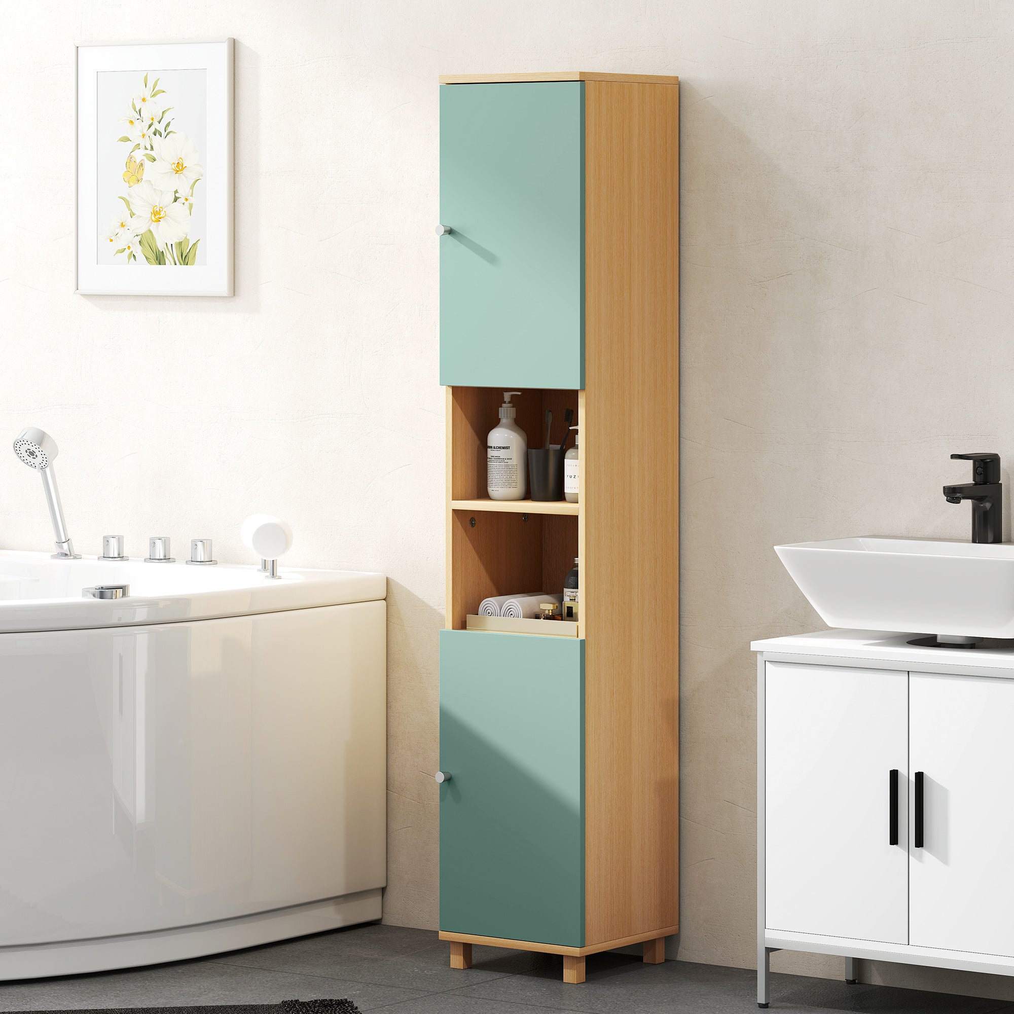 Meuble de salle de bain, meuble de rangement, armoire salle de bain avec 2 placards, 2 compartiments ouverts et étagères réglables, pour salon, petits espaces, 30 x 30 x 166 cm, vert