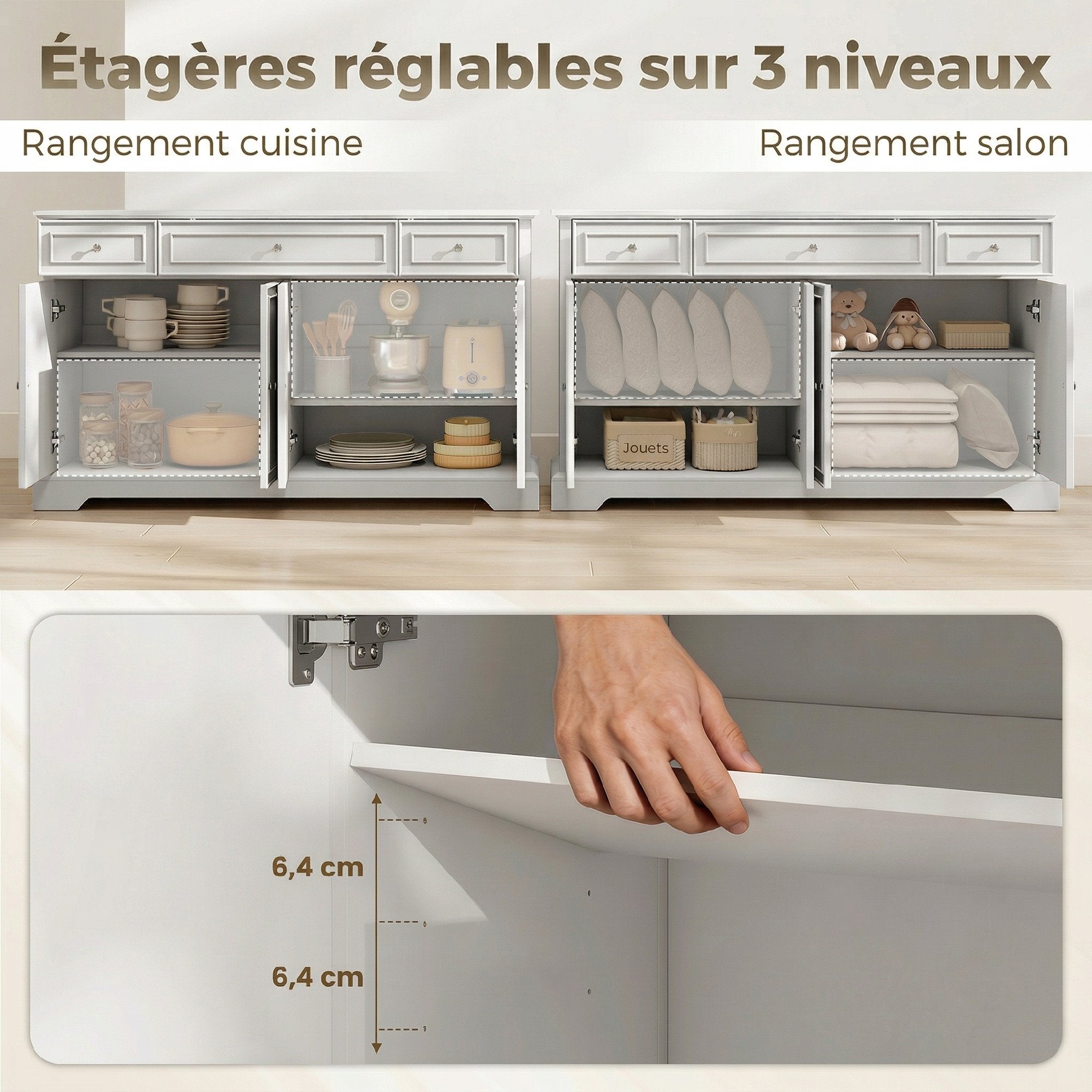 Buffet salon, meuble de rangement avec 3 tiroirs, 4 portes à fermeture douce et étagères réglables, style moderne, meuble TV jusqu'à 55", buffet salle à manger et cuisine, 136x38x80cm, blanc
