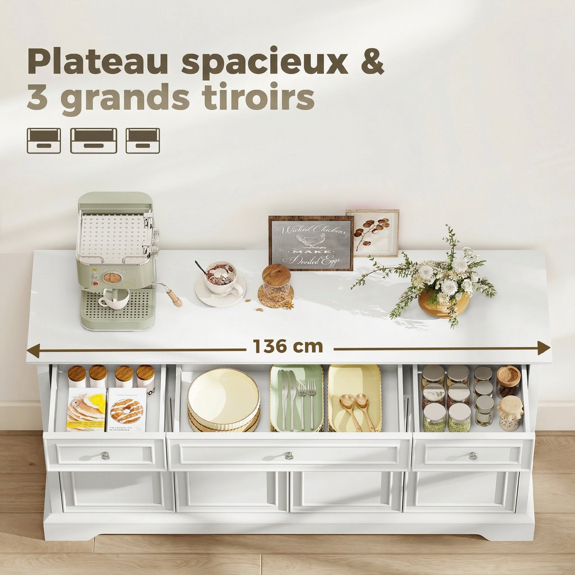 Buffet salon, meuble de rangement avec 3 tiroirs, 4 portes à fermeture douce et étagères réglables, style moderne, meuble TV jusqu'à 55", buffet salle à manger et cuisine, 136x38x80cm, blanc