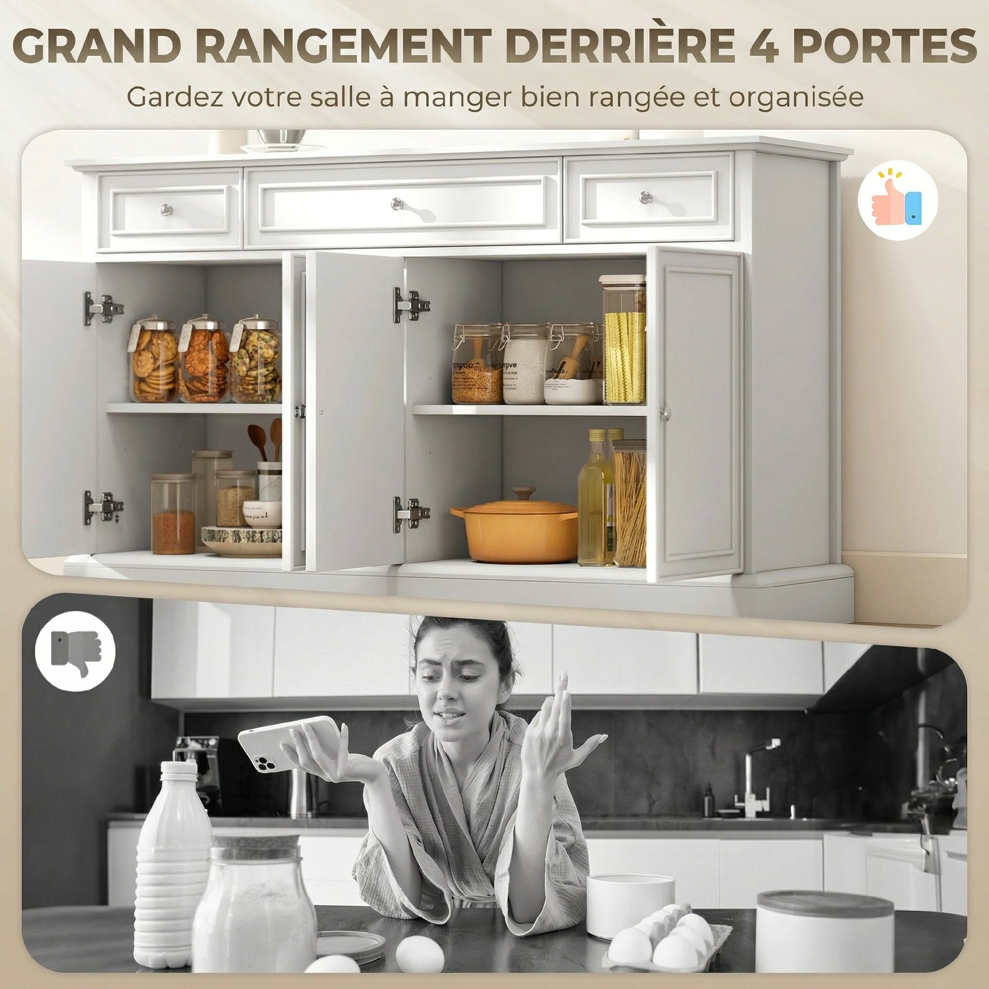 Buffet salon, meuble de rangement avec 3 tiroirs, 4 portes à fermeture douce et étagères réglables, style moderne, meuble TV jusqu'à 55", buffet salle à manger et cuisine, 136x38x80cm, blanc