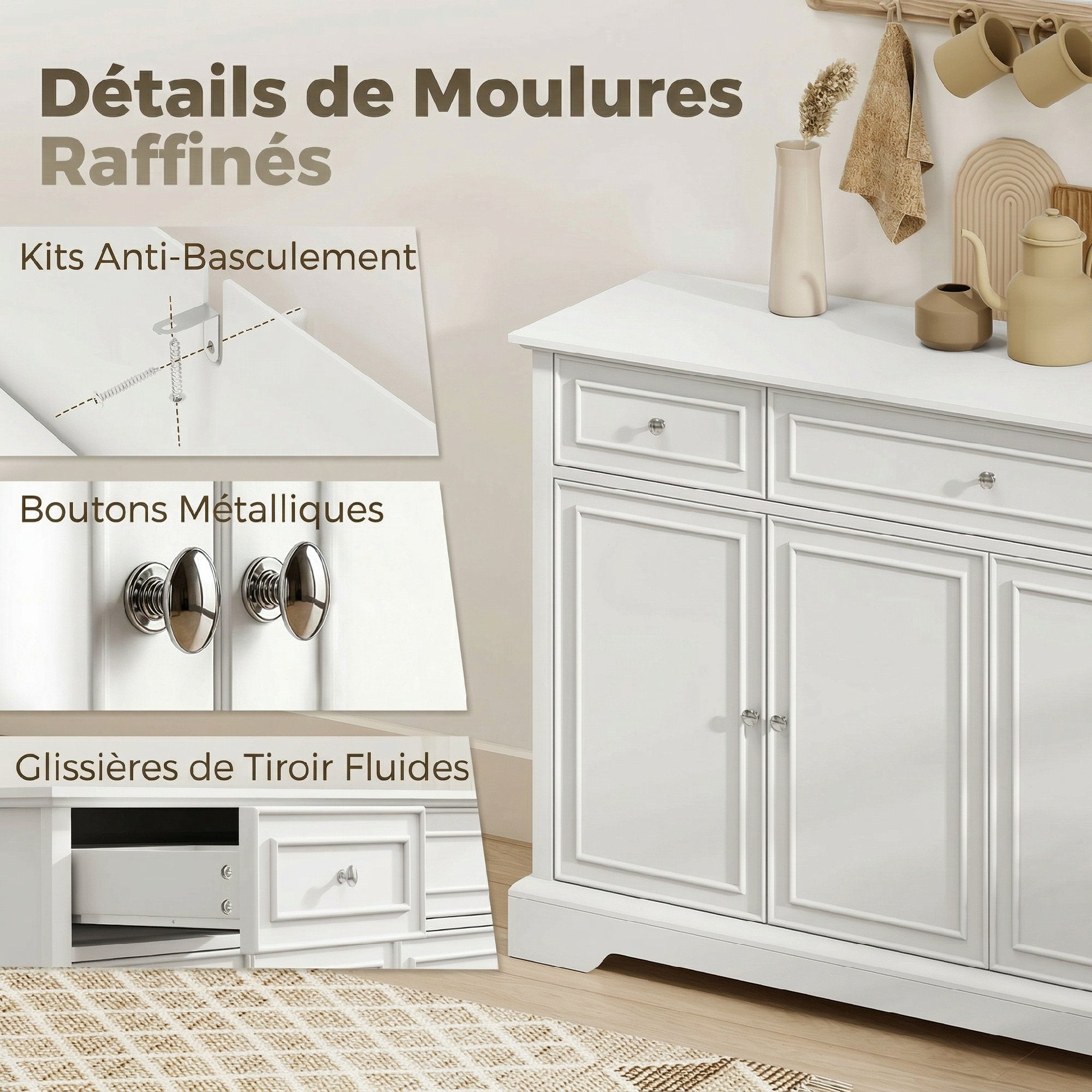 Buffet salon, meuble de rangement avec 3 tiroirs, 4 portes à fermeture douce et étagères réglables, style moderne, meuble TV jusqu'à 55", buffet salle à manger et cuisine, 136x38x80cm, blanc