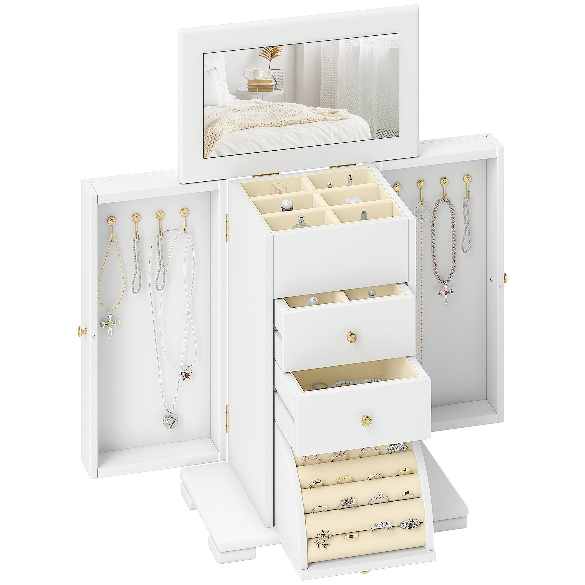 Boîte à Bijoux Femme à 4 Niveaux, Coffre à Bijoux en Bois avec Ailes, Miroir et 2 Tiroirs pour Bagues, Boucles d'Oreilles, Colliers et Bracelets, Blanc