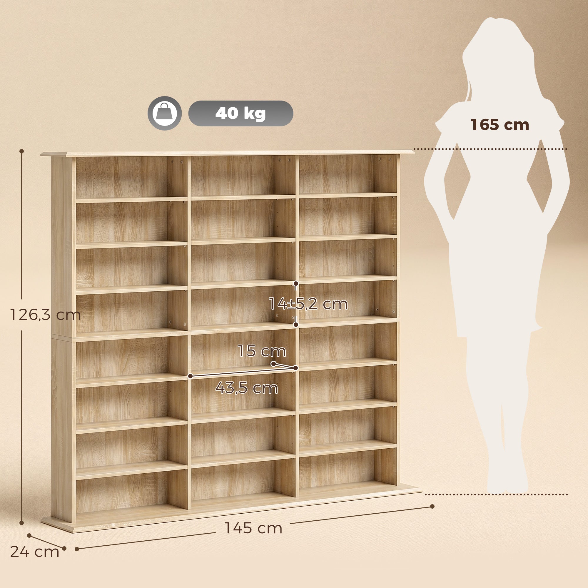 Rangements pour CD et DVD, Meuble de Rangement Multimédia, Capacité Max. 1032 CDs/594 DVDs et Blu-ray, 24 Compartiments et 18 Étagères Réglables, pour Salon, Chambre, 145x24x126,3cm, Chêne