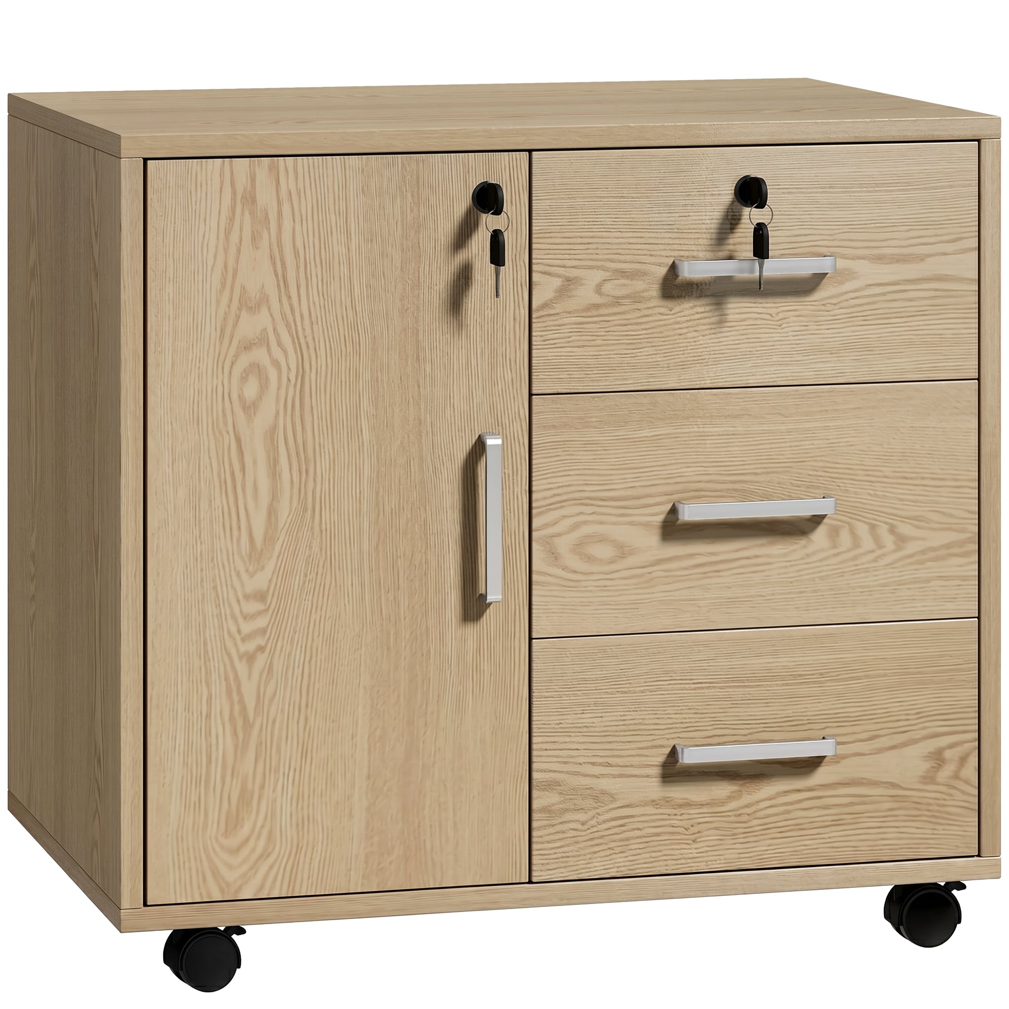 Caisson bureau meuble de rangement avec 3 tiroirs et étagère réglable, armoire rangement bureau verrouillable avec roulettes, dim. 40 x 60 x 56 cm, marron clair