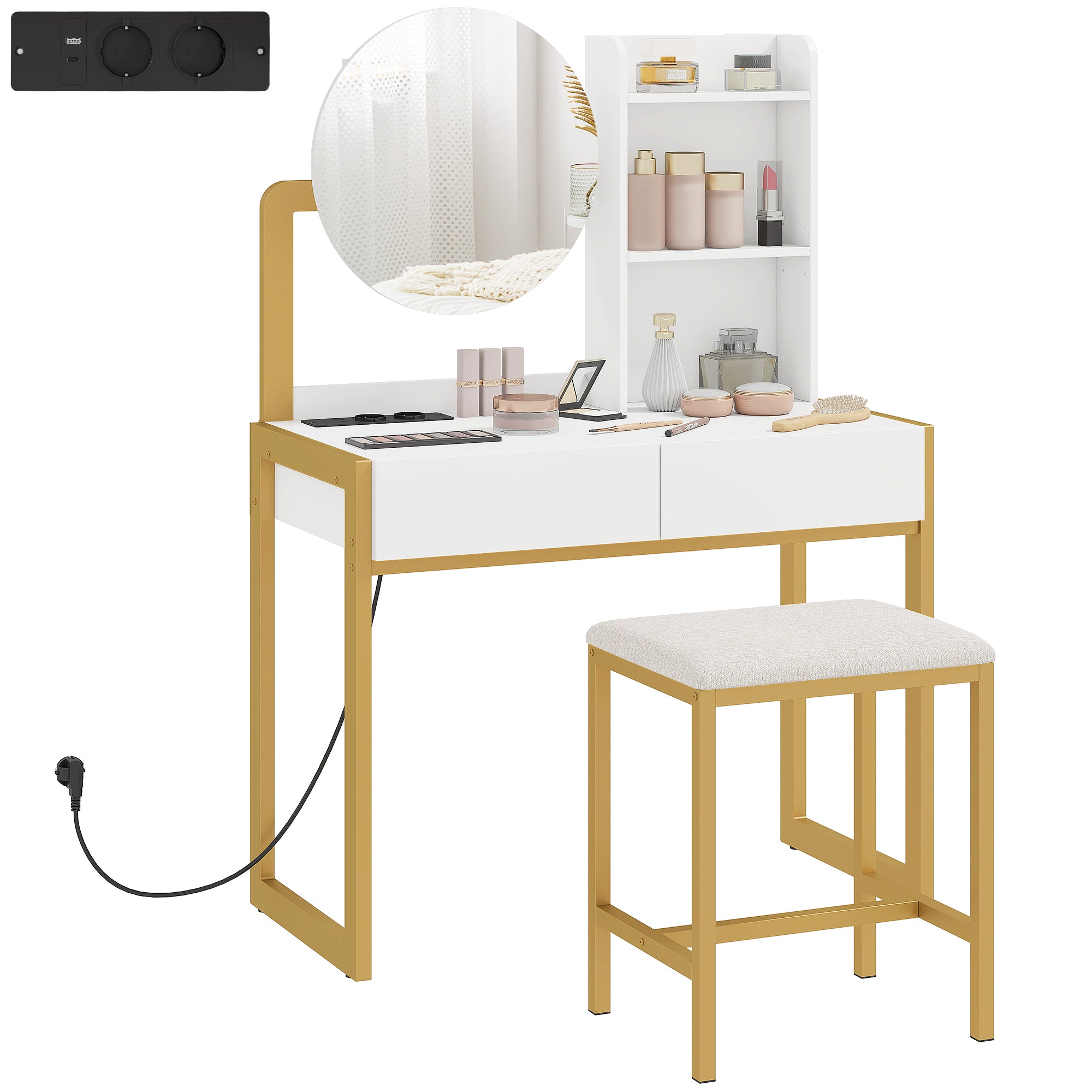 Coiffeuse avec miroir et tabouret, station de charge, table de maquillage avec 2 tiroirs, 3 étagères ouvertes, assise rembourrée, cadre en métal, pour chambre à coucher, blanc