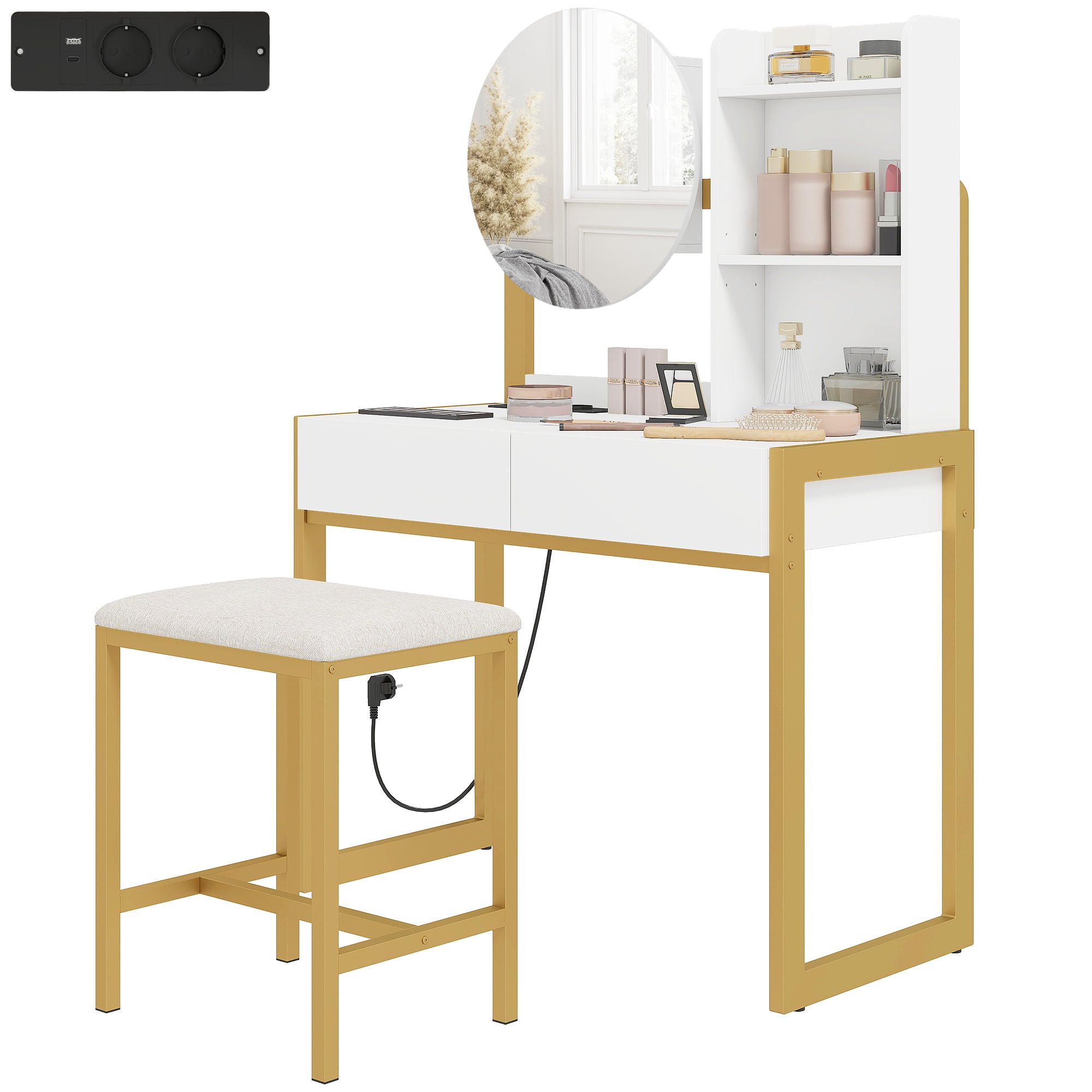 Coiffeuse avec miroir et tabouret, station de charge, table de maquillage avec 2 tiroirs, 3 étagères ouvertes, assise rembourrée, cadre en métal, pour chambre à coucher, blanc