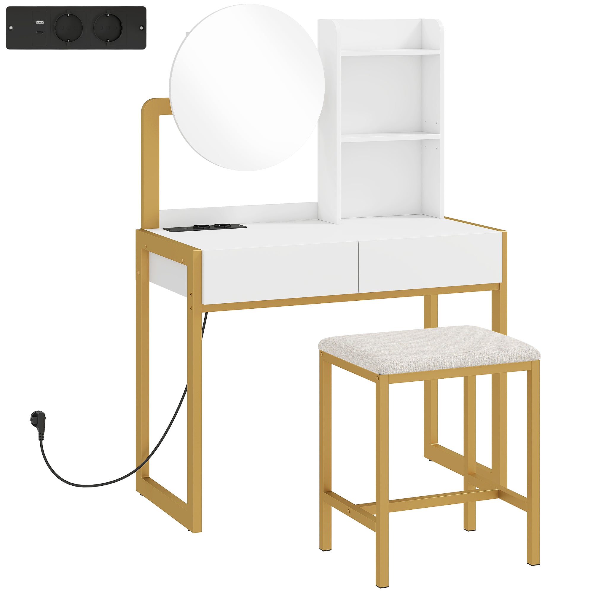 Coiffeuse avec miroir et tabouret, station de charge, table de maquillage avec 2 tiroirs, 3 étagères ouvertes, assise rembourrée, cadre en métal, pour chambre à coucher, blanc