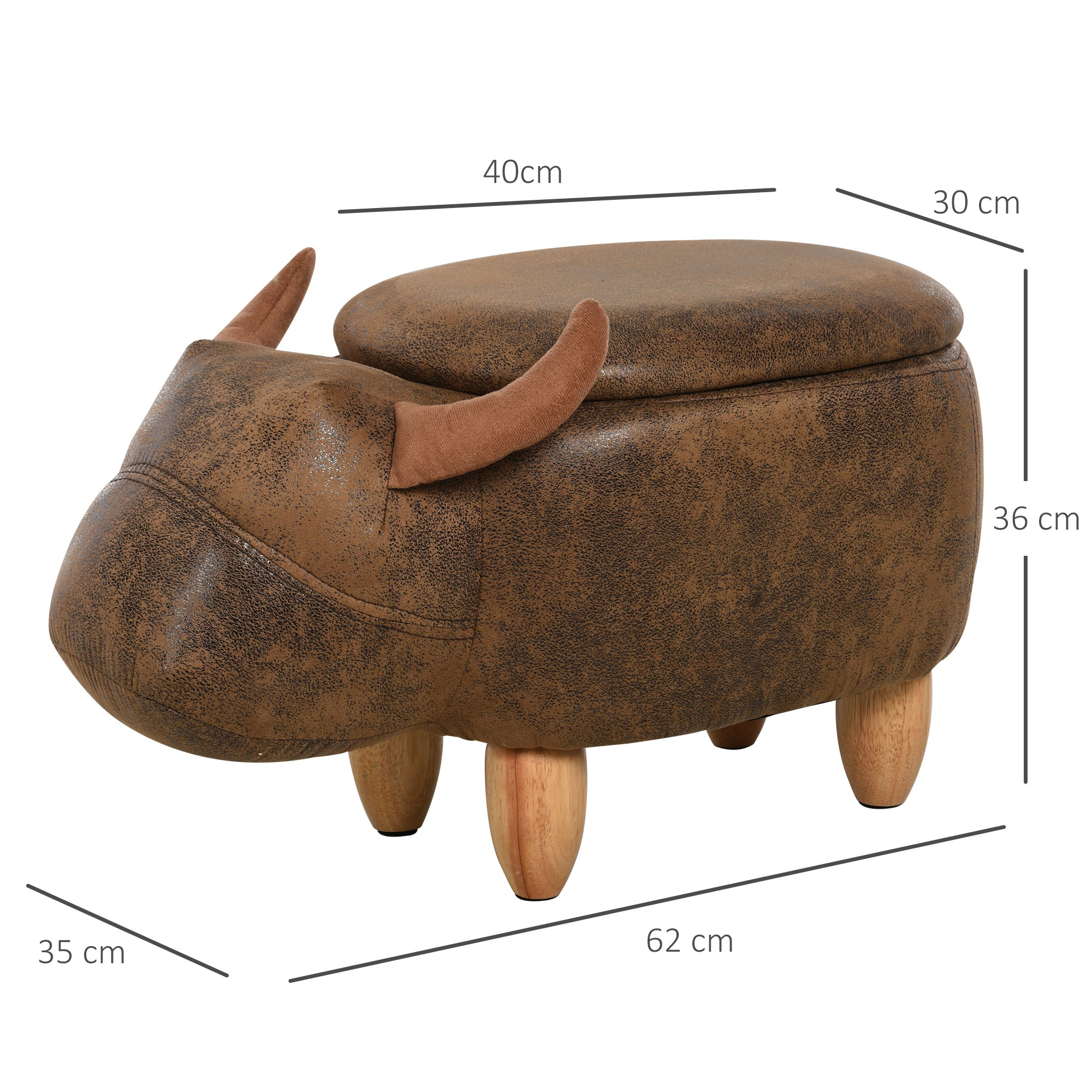 Tabouret Vache - Pouf Vachette - Pouf Taureau Coffre de Rangement 2 en 1 - Pieds Bois d'hévéa revêtement synthétique Aspect Daim Vieilli Marron