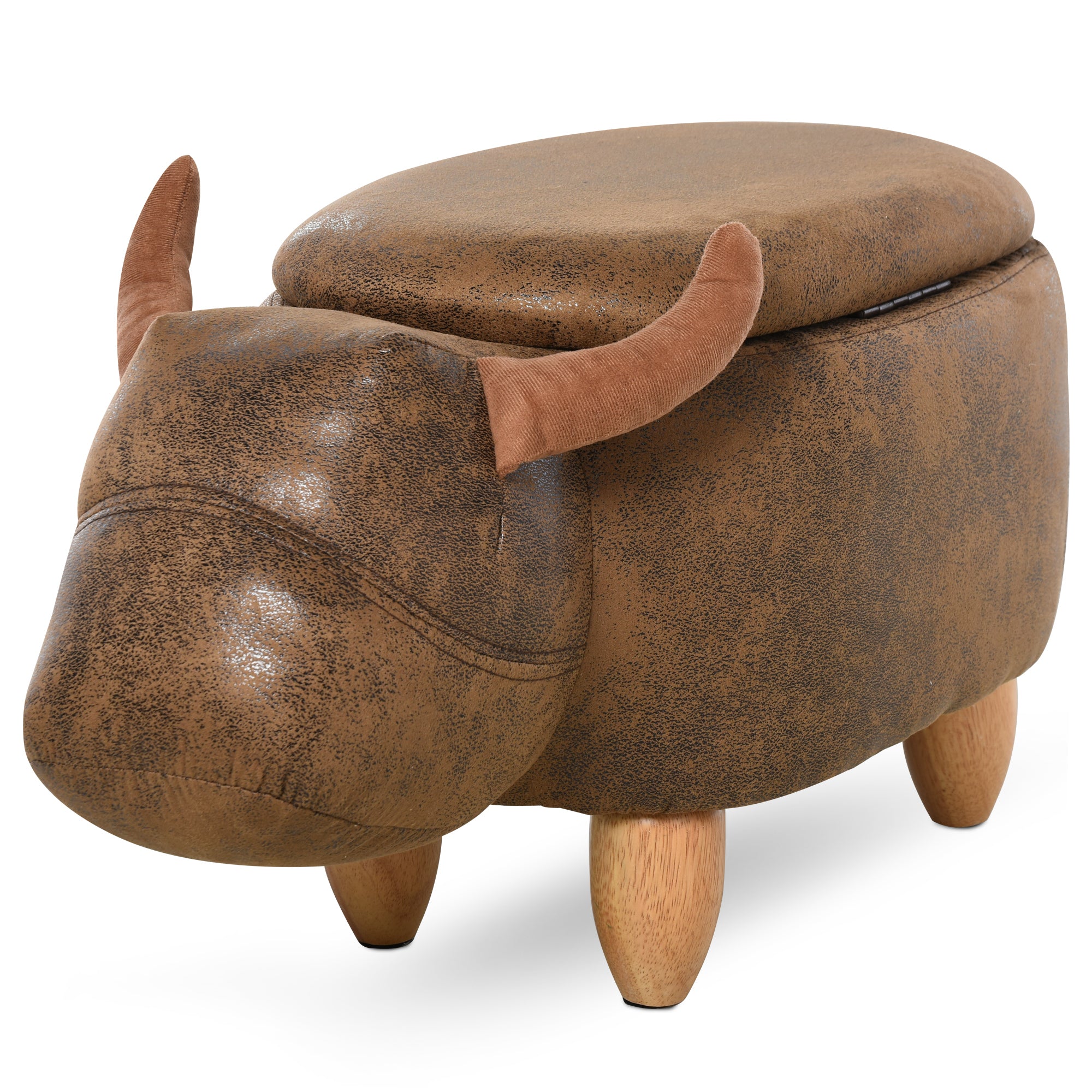Tabouret Vache - Pouf Vachette - Pouf Taureau Coffre de Rangement 2 en 1 - Pieds Bois d'hévéa revêtement synthétique Aspect Daim Vieilli Marron