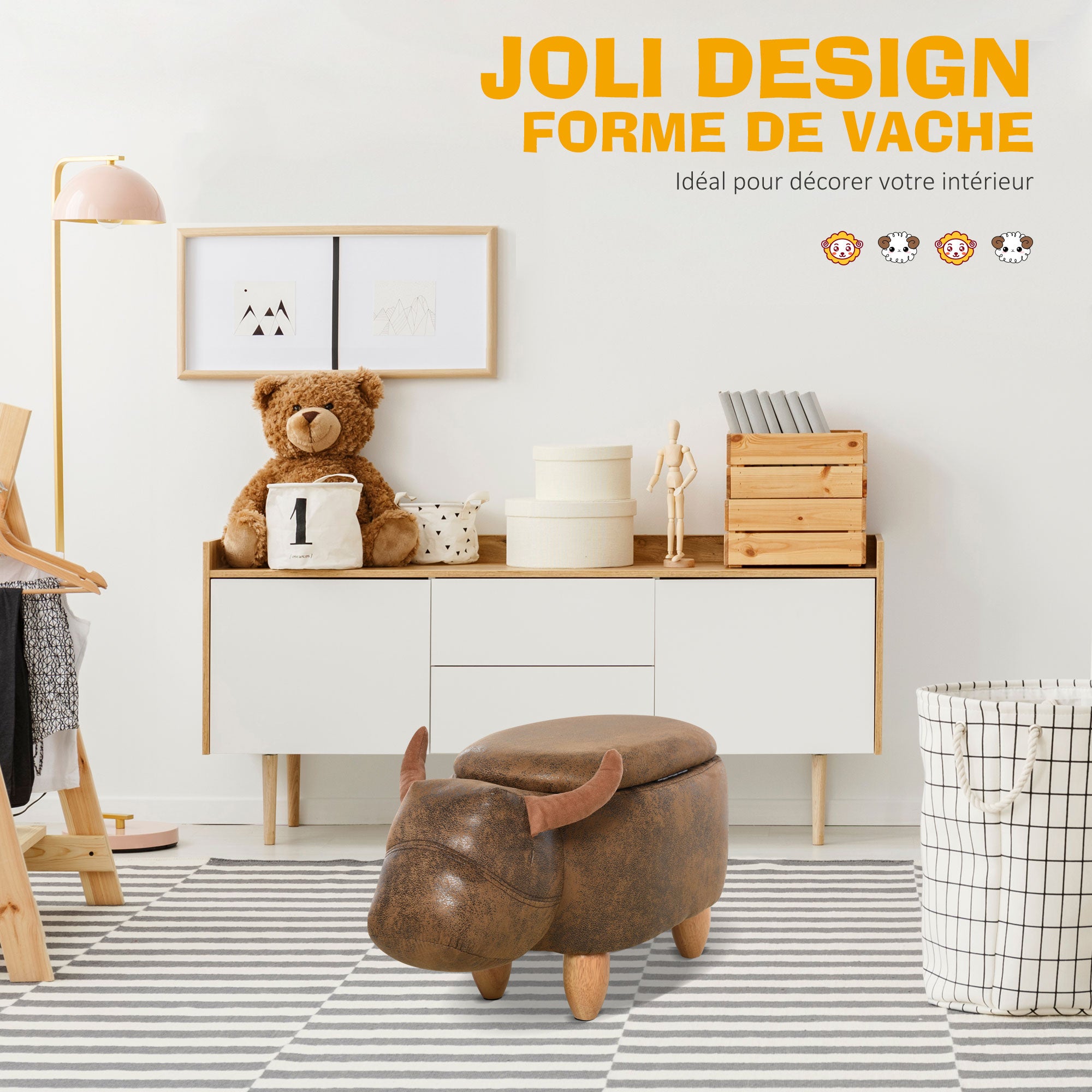 Tabouret Vache - Pouf Vachette - Pouf Taureau Coffre de Rangement 2 en 1 - Pieds Bois d'hévéa revêtement synthétique Aspect Daim Vieilli Marron