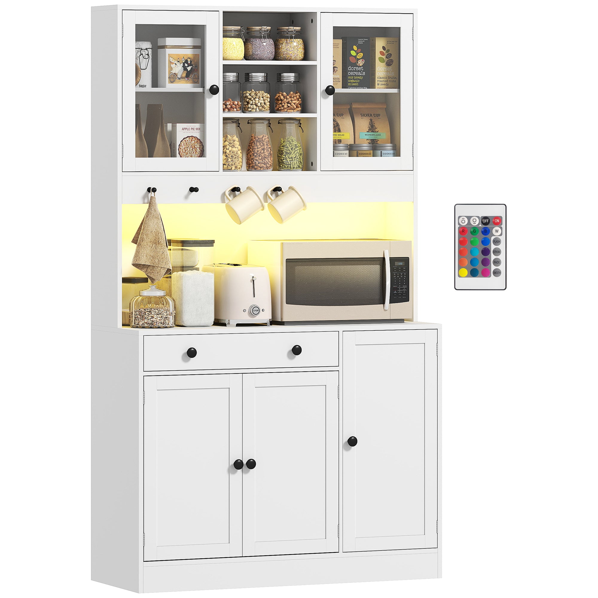 Armoire de cuisine avec LED et multiprise, buffet cuisine meuble de rangement avec placards et tiroir, portes vitrées, télécommande inclus, pour salle à manger, salon, 103x40x180cm, blanc